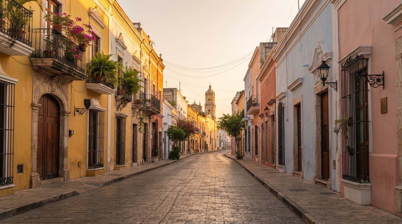Yellow and pastel colonial buildings glow along a quiet Merida street at golden hour.