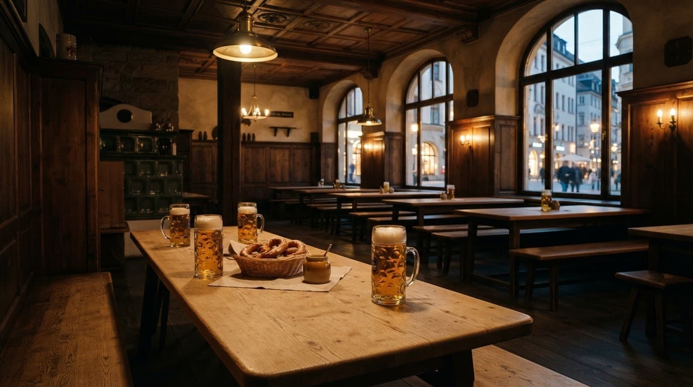 A wooden beer hall table with glasses and pretzels overlooking a glowing evening street.