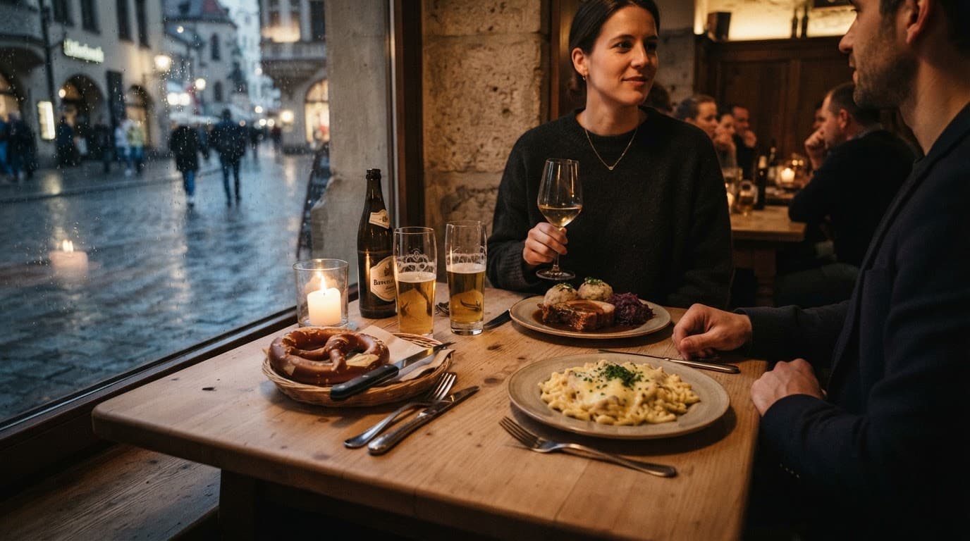 Candlelit Munich dinner with plated food, a pretzel, and two diners by a rainy window.