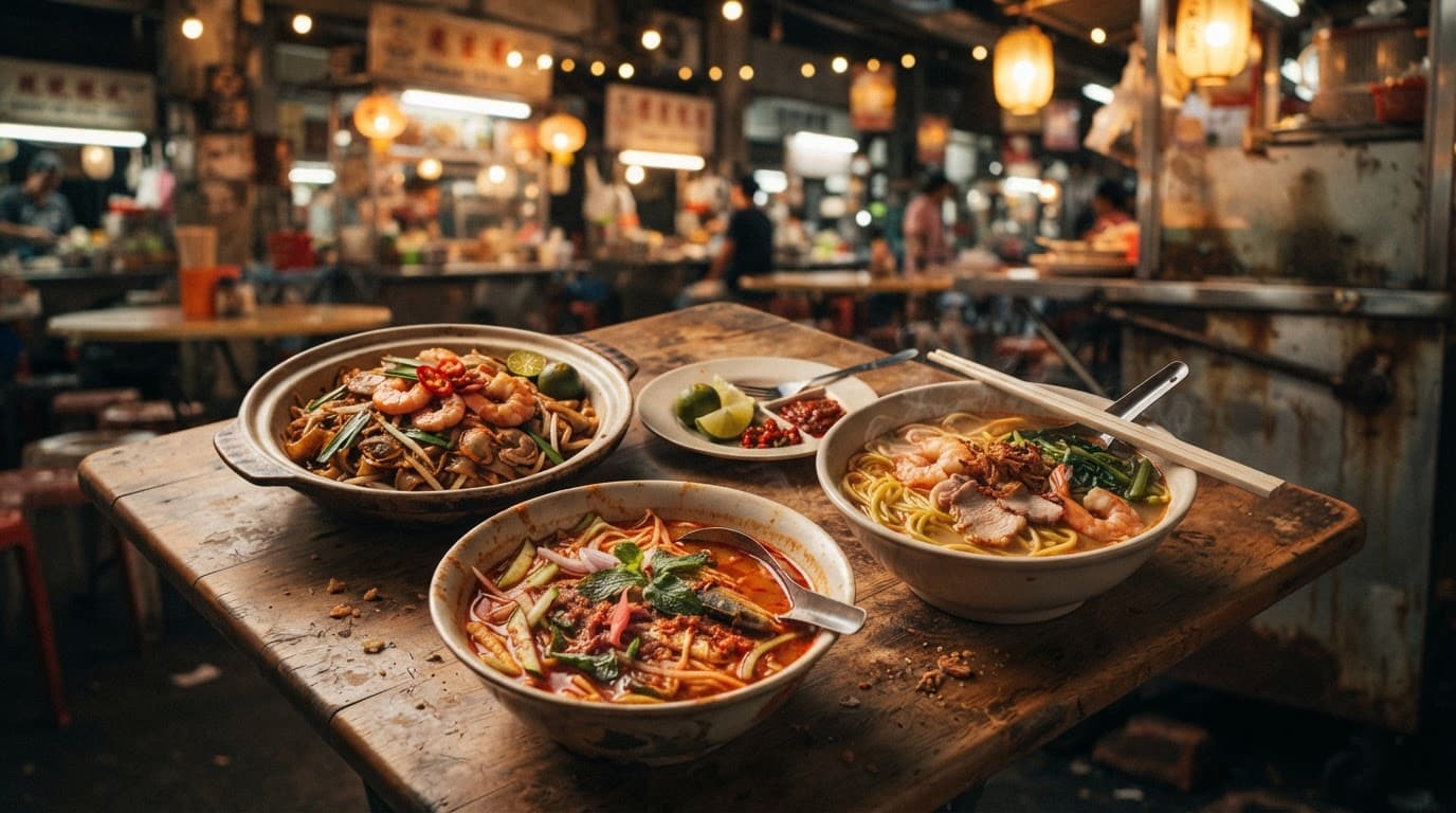 Three Penang dishes sit on a worn wooden table at a warmly lit food stall.