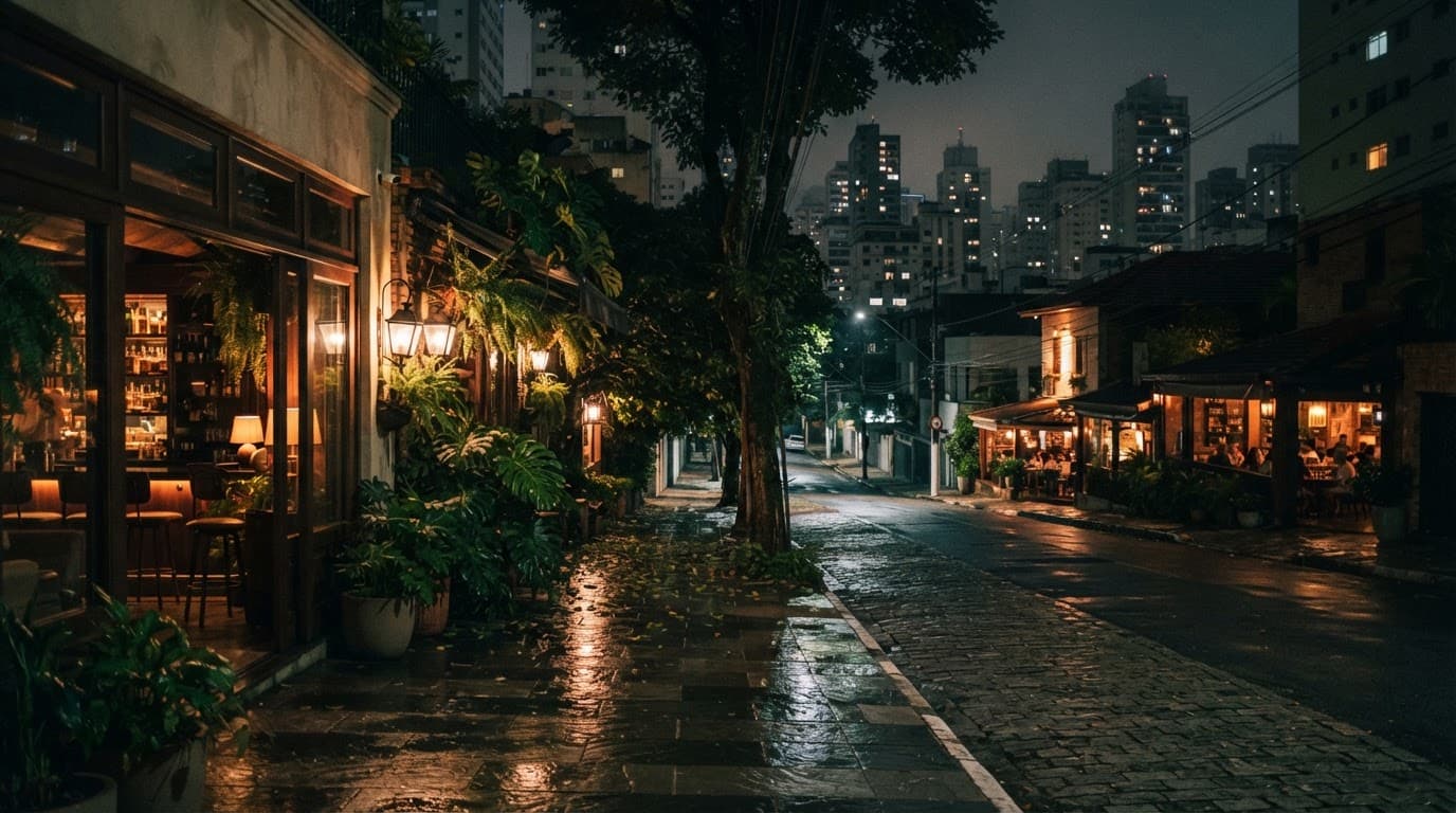 A wet, leafy Pinheiros street with glowing restaurants and a cocktail bar at dusk.