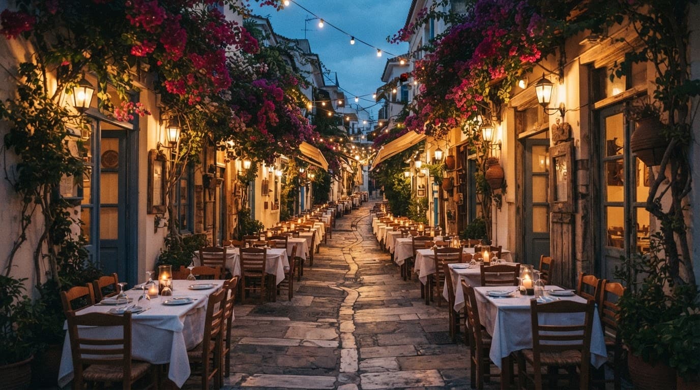 An empty Plaka street with Greek tavernas, lanterns, and flower-covered white walls.