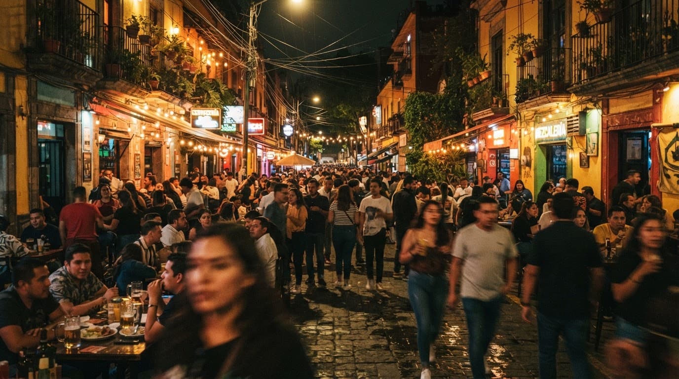 Lively Mexico City street at night with warm lights and pedestrians.