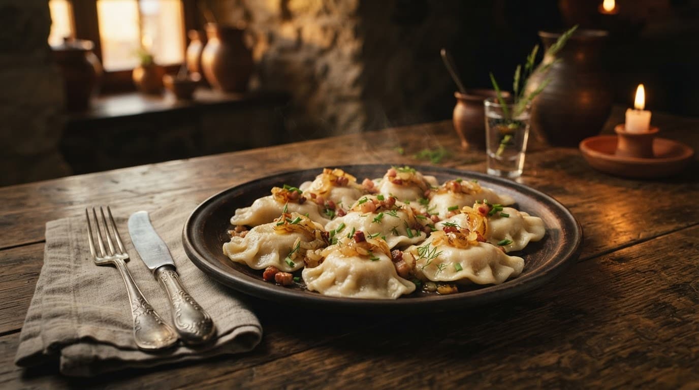 Handmade Polish pierogi topped with fried onions on a rustic wooden table.
