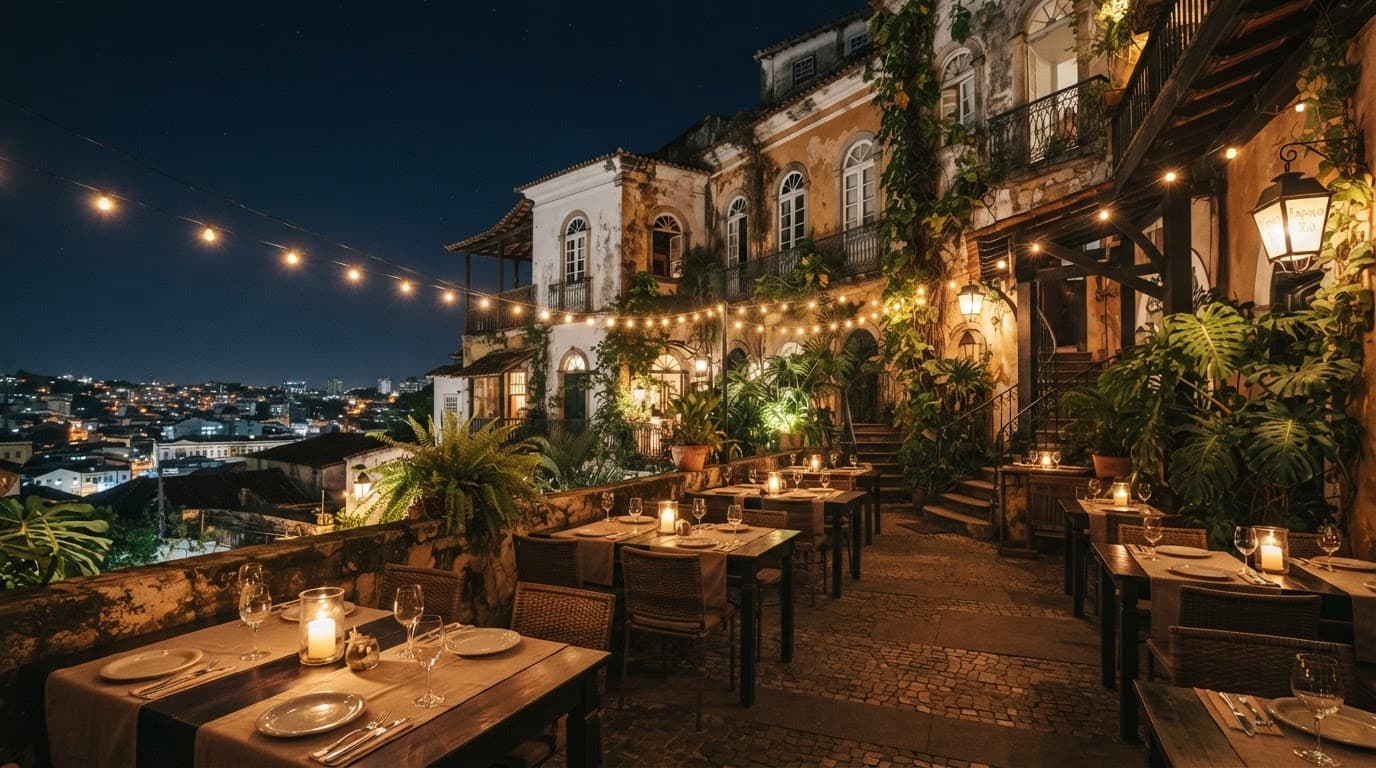 A warmly lit terrace restaurant beside historic colonial buildings in Santa Teresa.