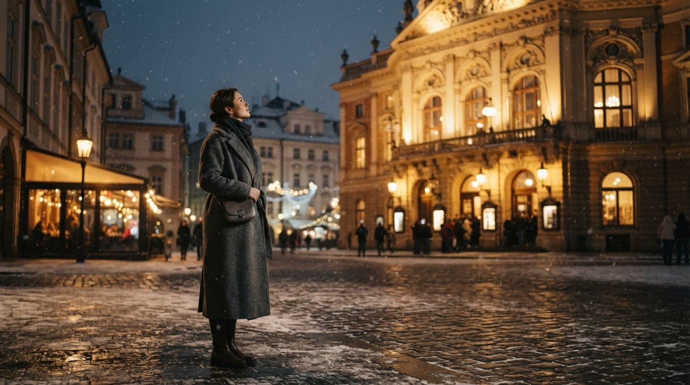 A traveler in a wool coat stands outside a lit concert hall on a snowy street.