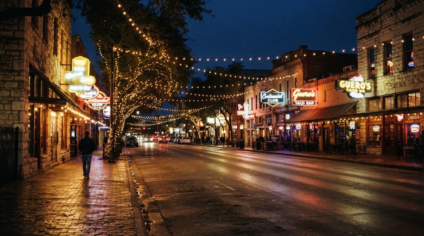 One person walks along a neon-lit Austin avenue at dusk.