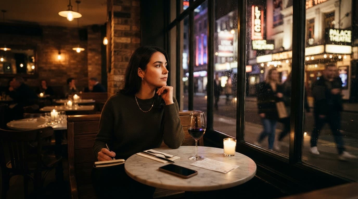 A traveler sits at a restaurant table with a ticket and phone.