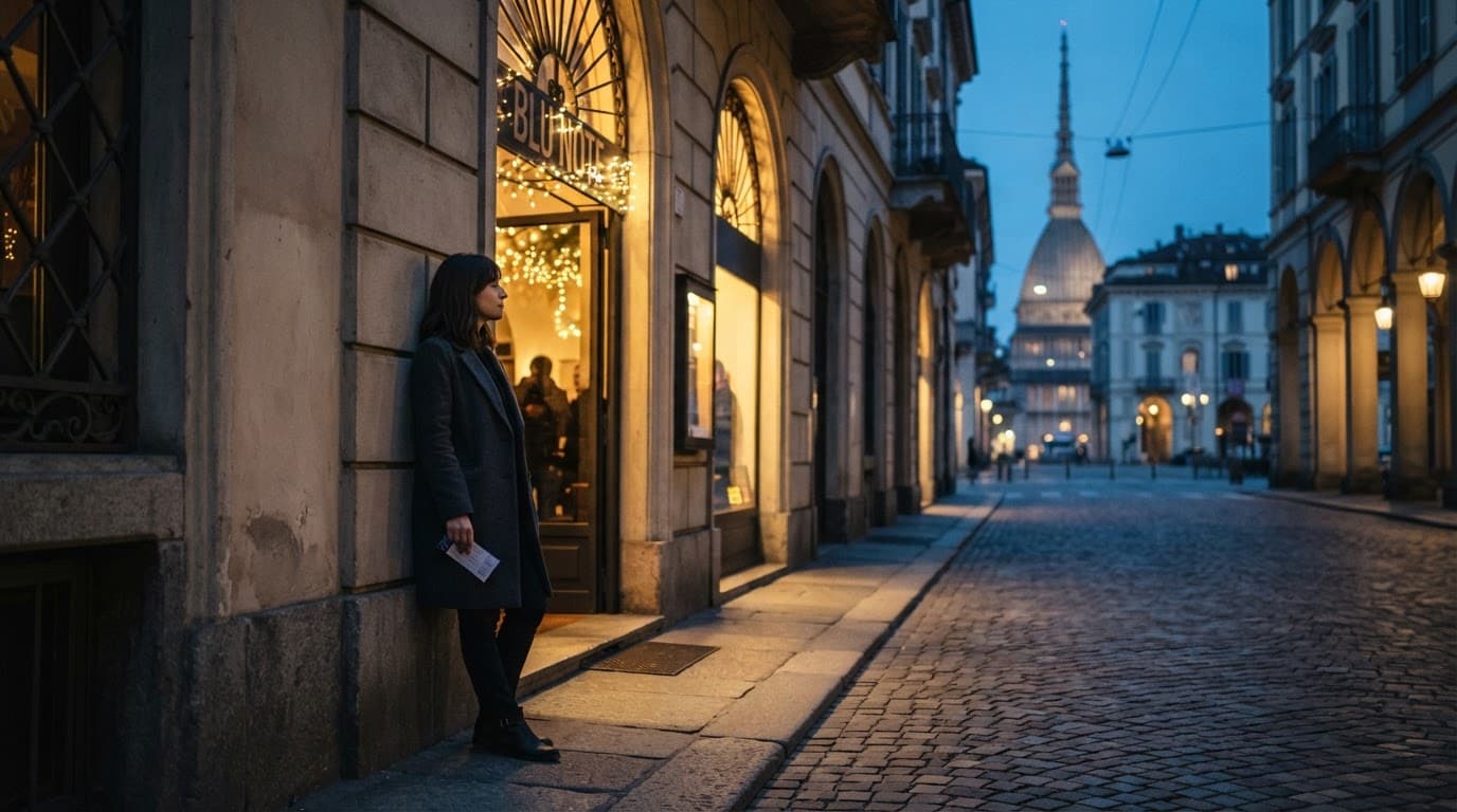 A person stands outside a warmly lit concert venue on a blue-hour Turin street.