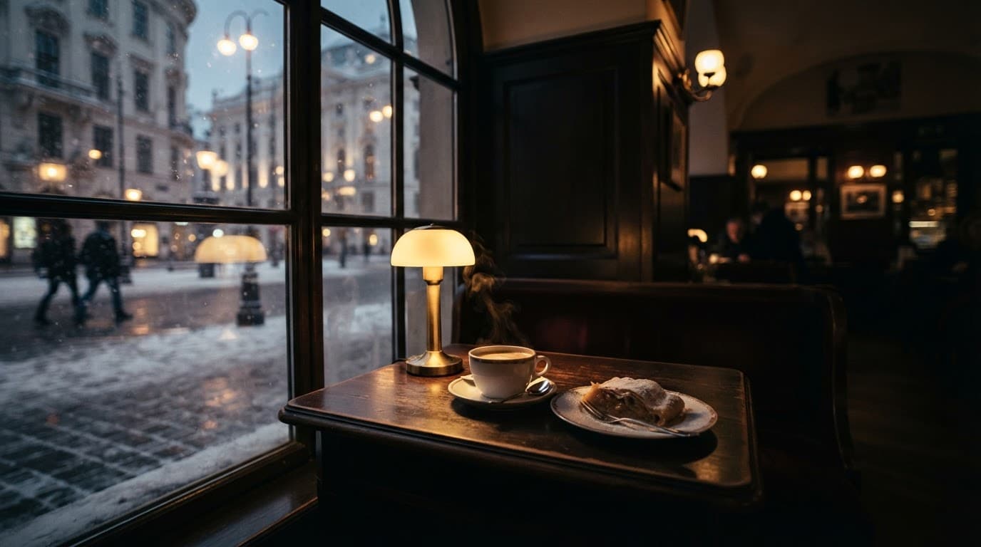 Coffee and pastry sit on a small café table beside a snowy Vienna street.