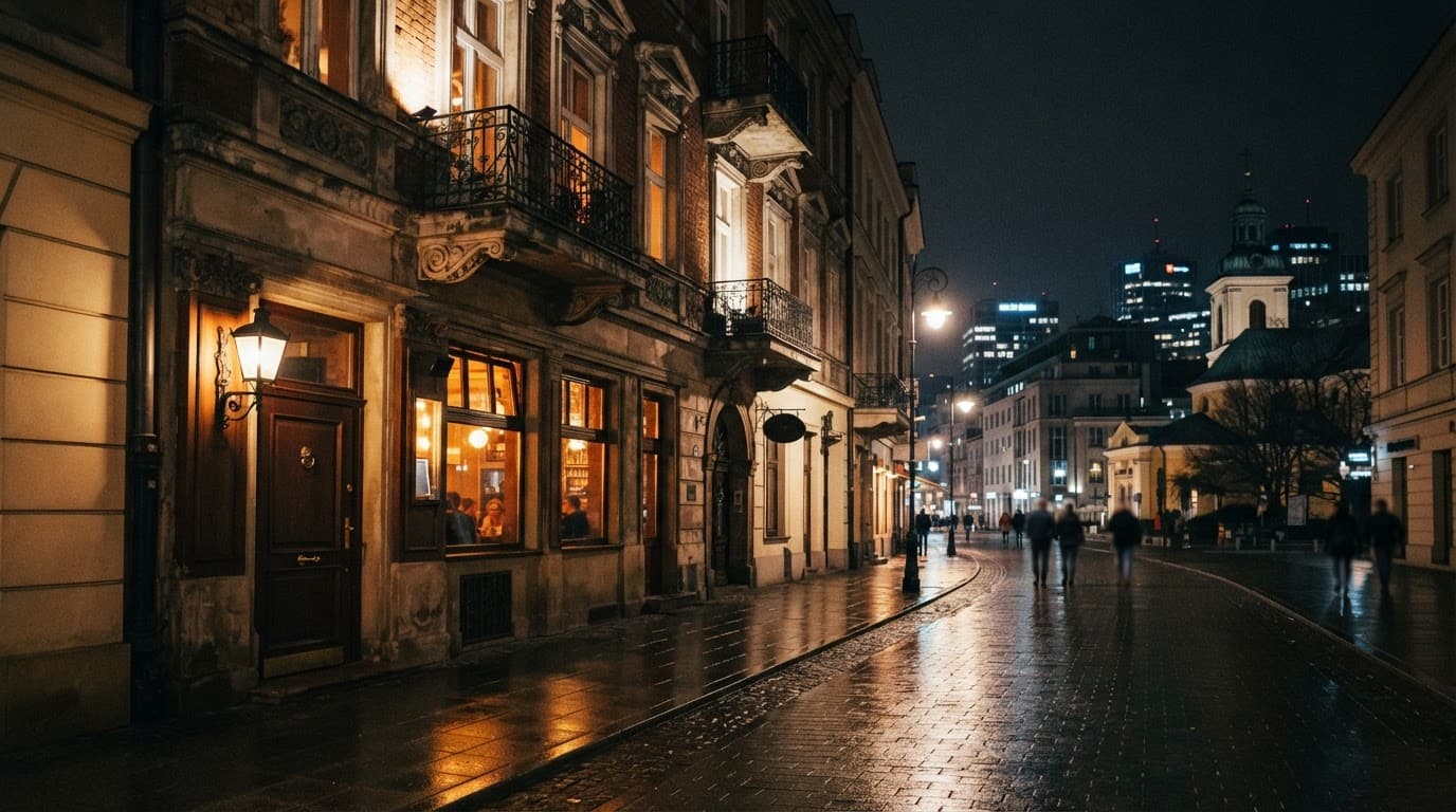 A glowing cocktail bar entrance on a wet Warsaw street at night.