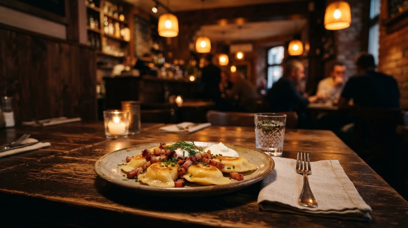 Pierogi with sour cream, herbs, and vodka in a warmly lit Warsaw restaurant.
