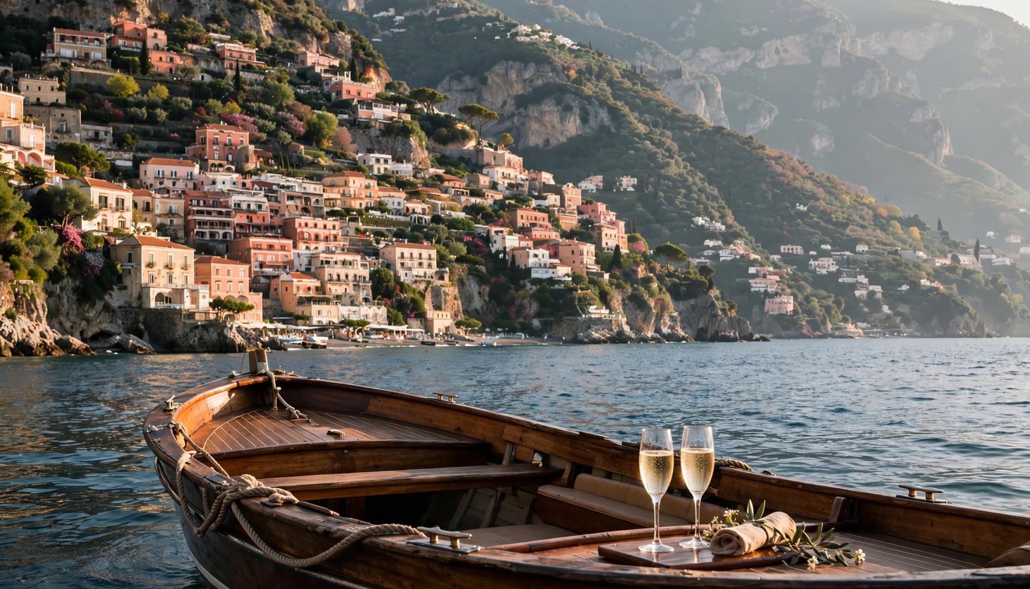 An empty wooden boat with two champagne glasses floats below Positano.