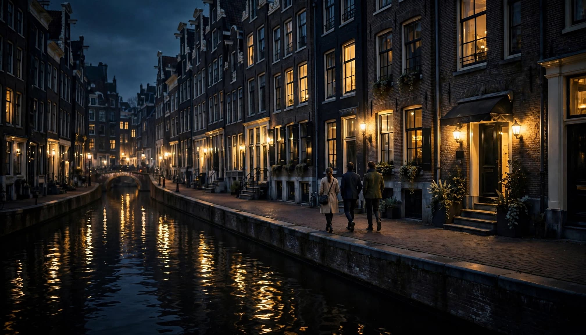 Three travelers walk beside a glowing Amsterdam canal at night.