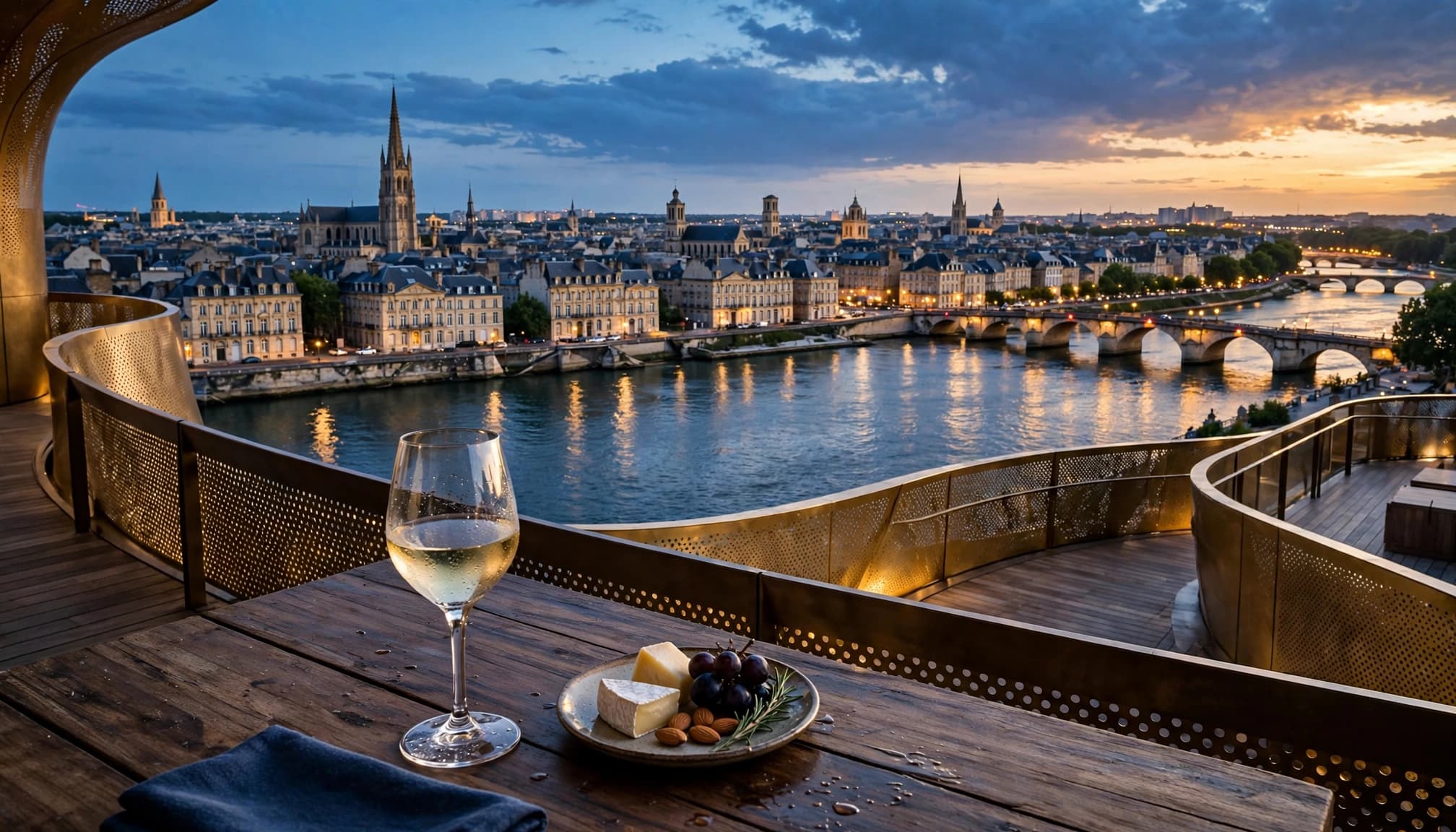 A wine glass and tasting plate overlook Bordeaux rooftops and the Garonne River at dusk.