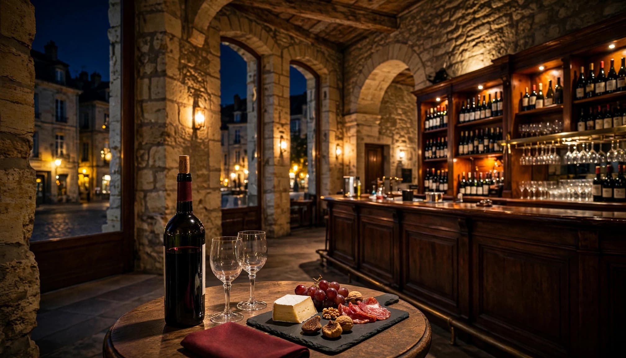 A set table with Bordeaux wine, crystal glasses, and charcuterie inside a warmly lit stone bar.