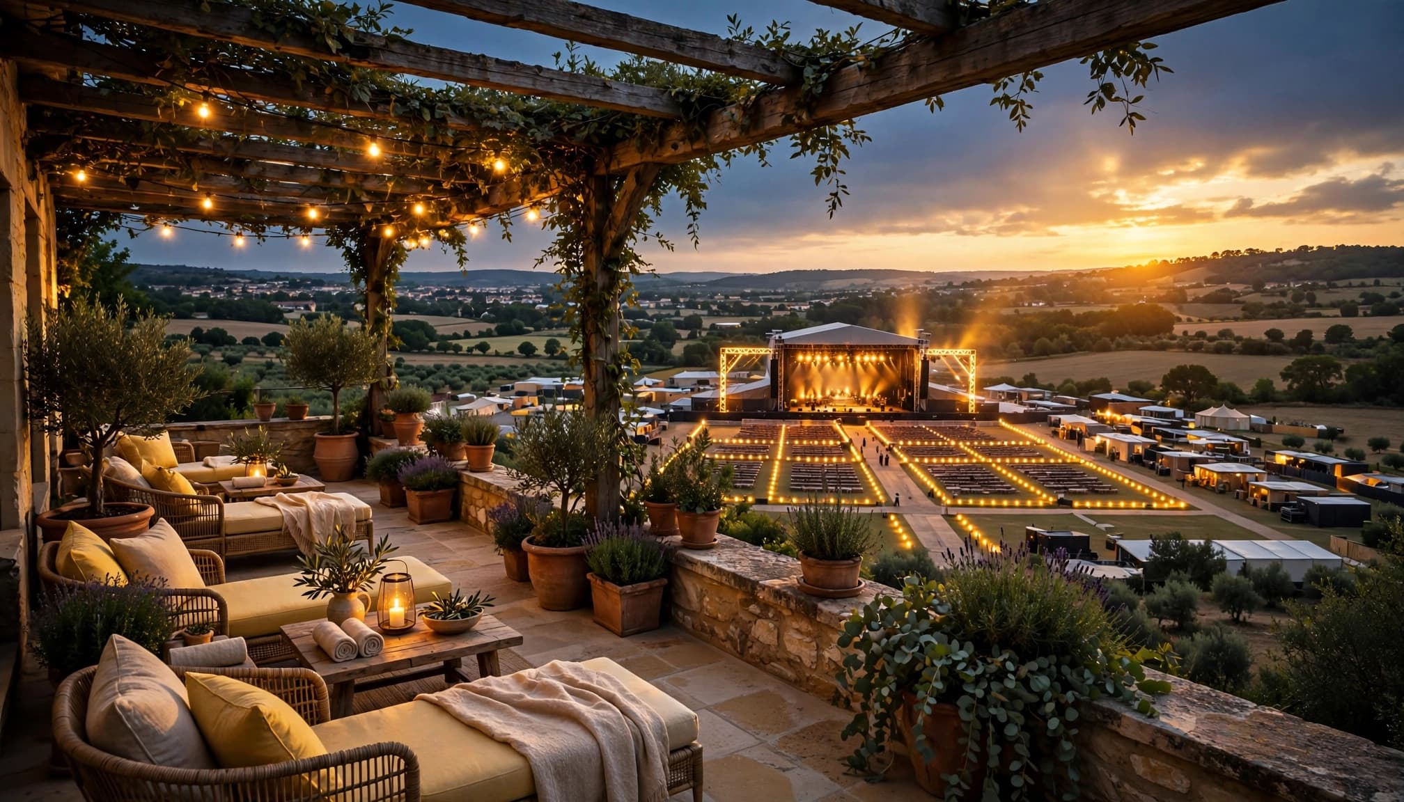 Hotel terrace overlooking a countryside music festival at golden hour.