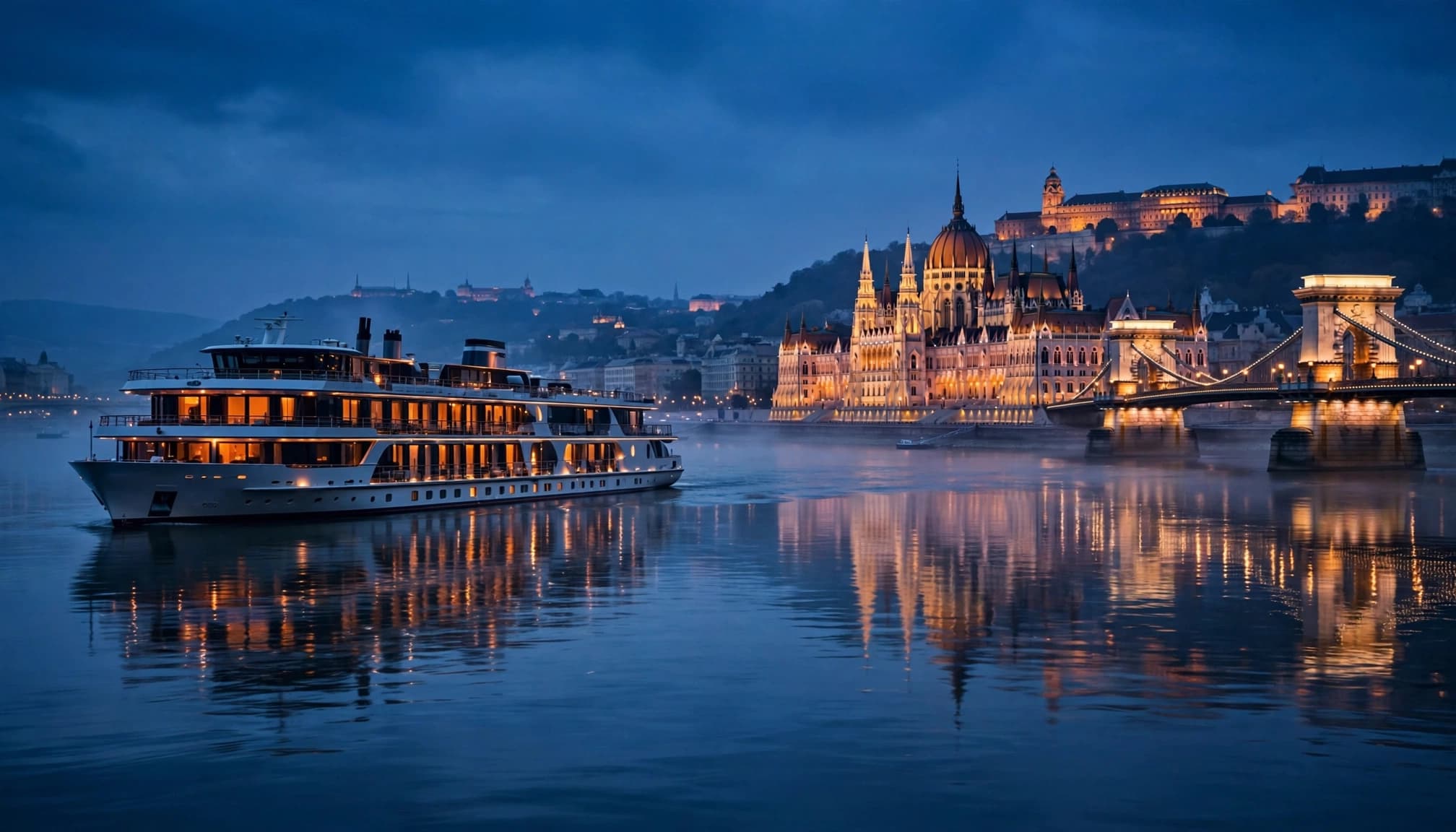 A river cruise ship passes Budapest as city lights reflect on the water.