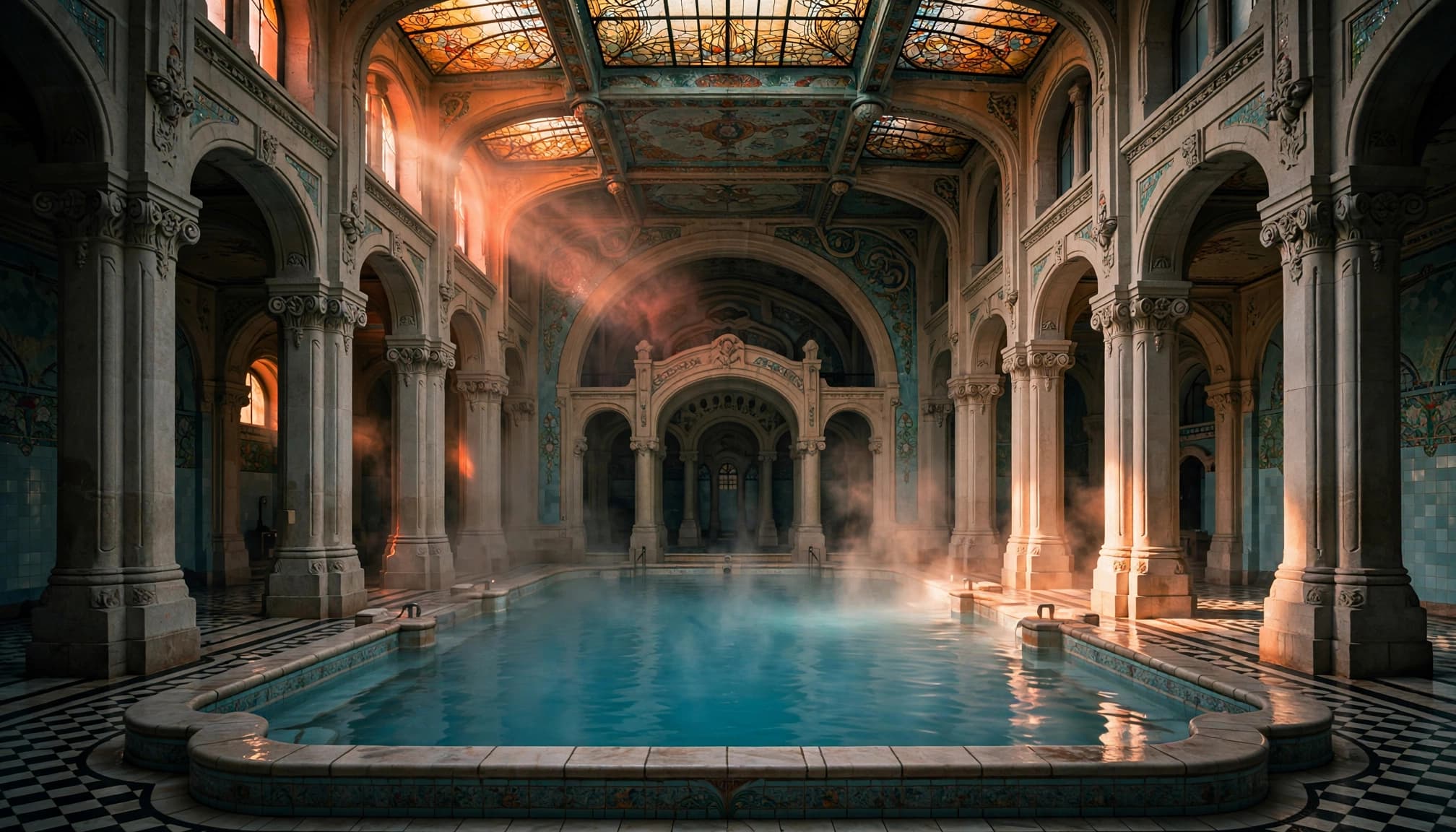 Turquoise thermal pools sit beneath ornate stone columns in a softly lit hall.