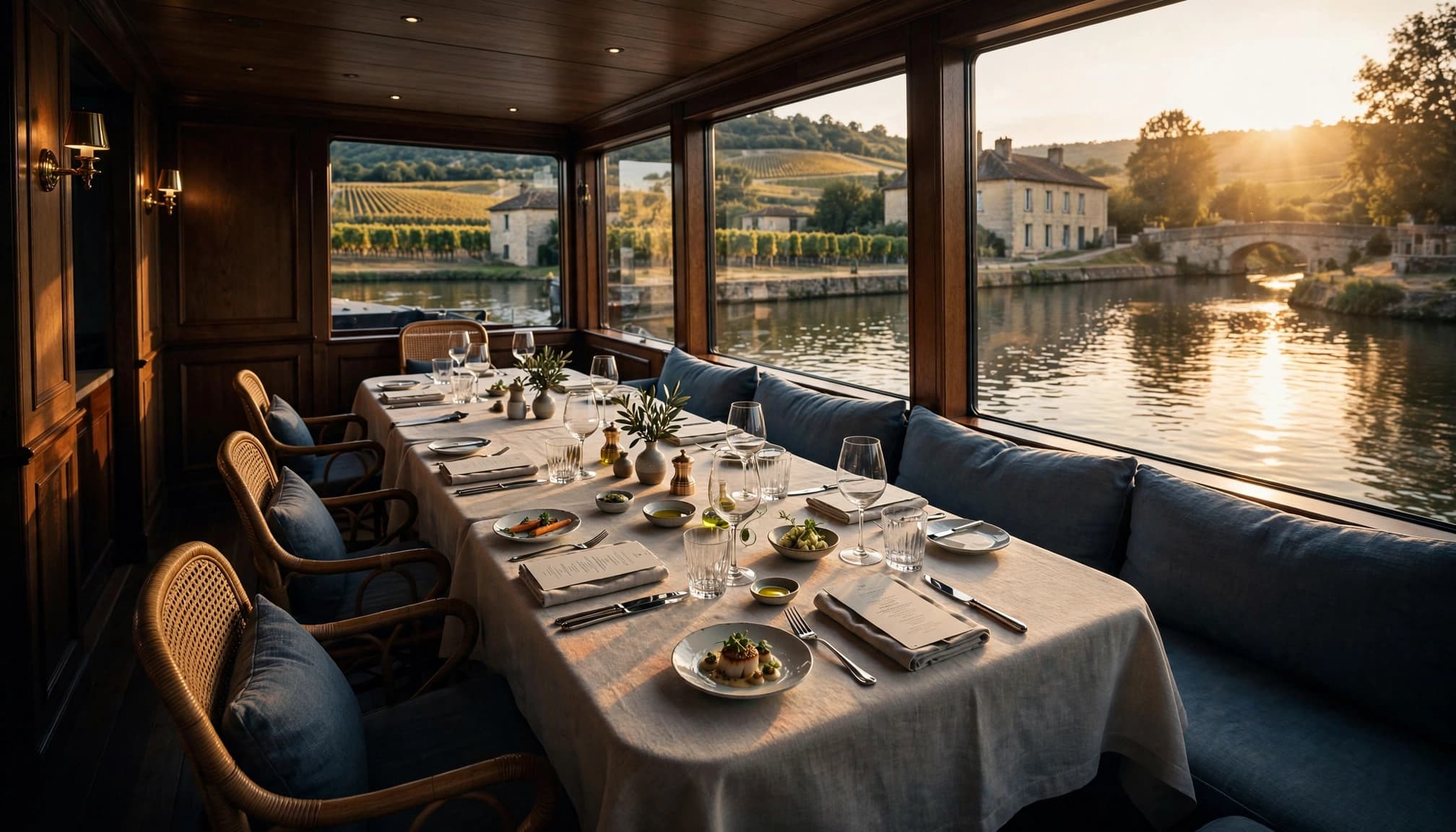 A dining table for six beside windows overlooking a Burgundy canal and vineyards.