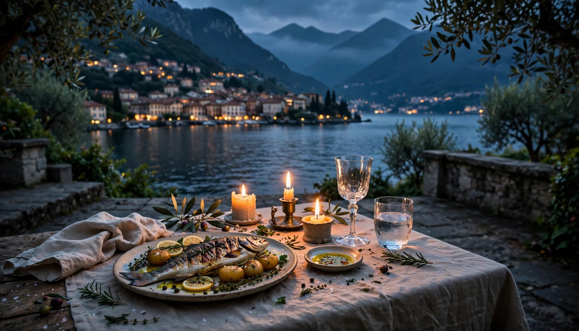 A candlelit dinner table overlooks Lake Como and a softly lit village.
