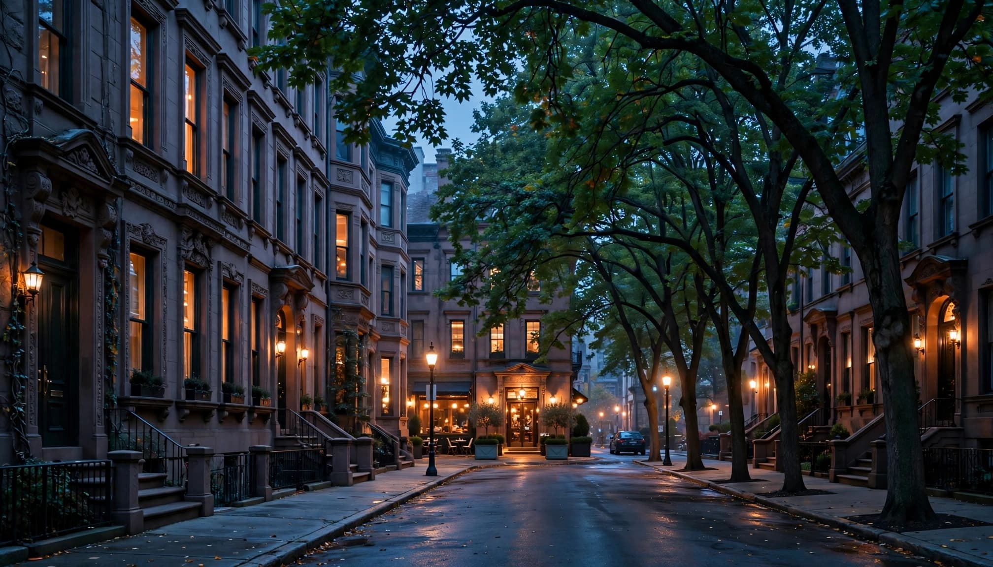 A quiet, tree-lined Chicago street leads to a warmly lit restaurant.