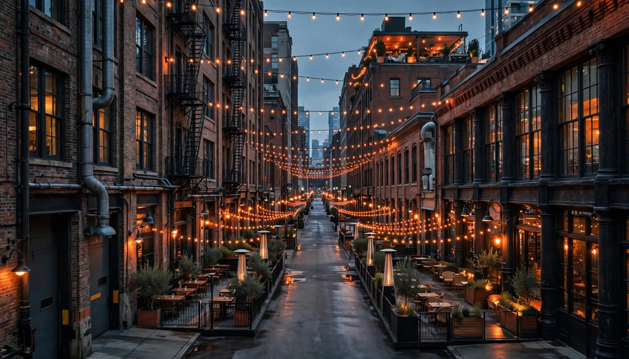Restaurant-lined brick buildings and glowing patio lights at dusk in Chicago's West Loop.
