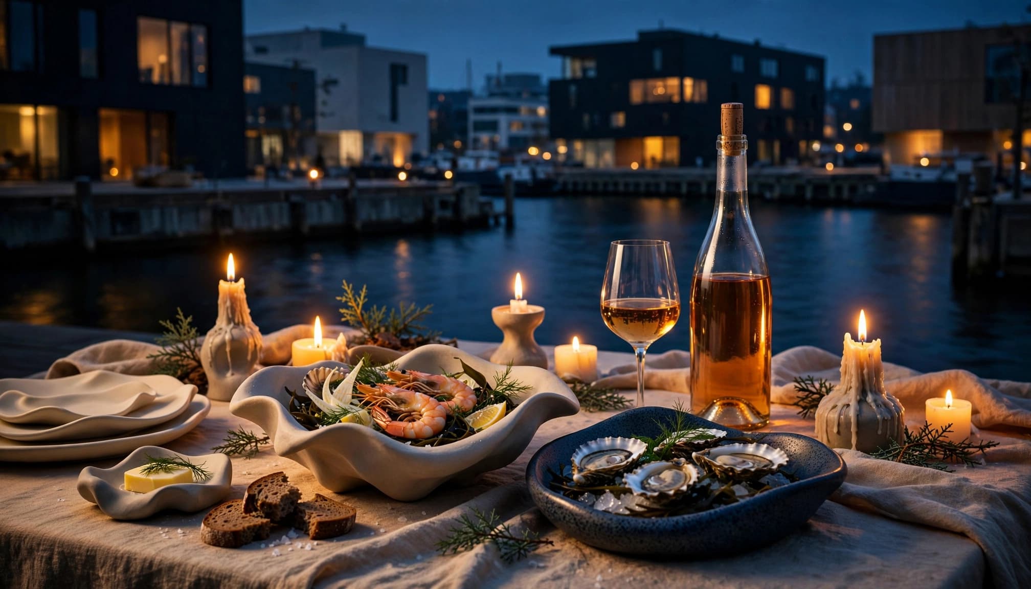 A candlelit dining table with Nordic seafood overlooks Copenhagen's dark harbor.