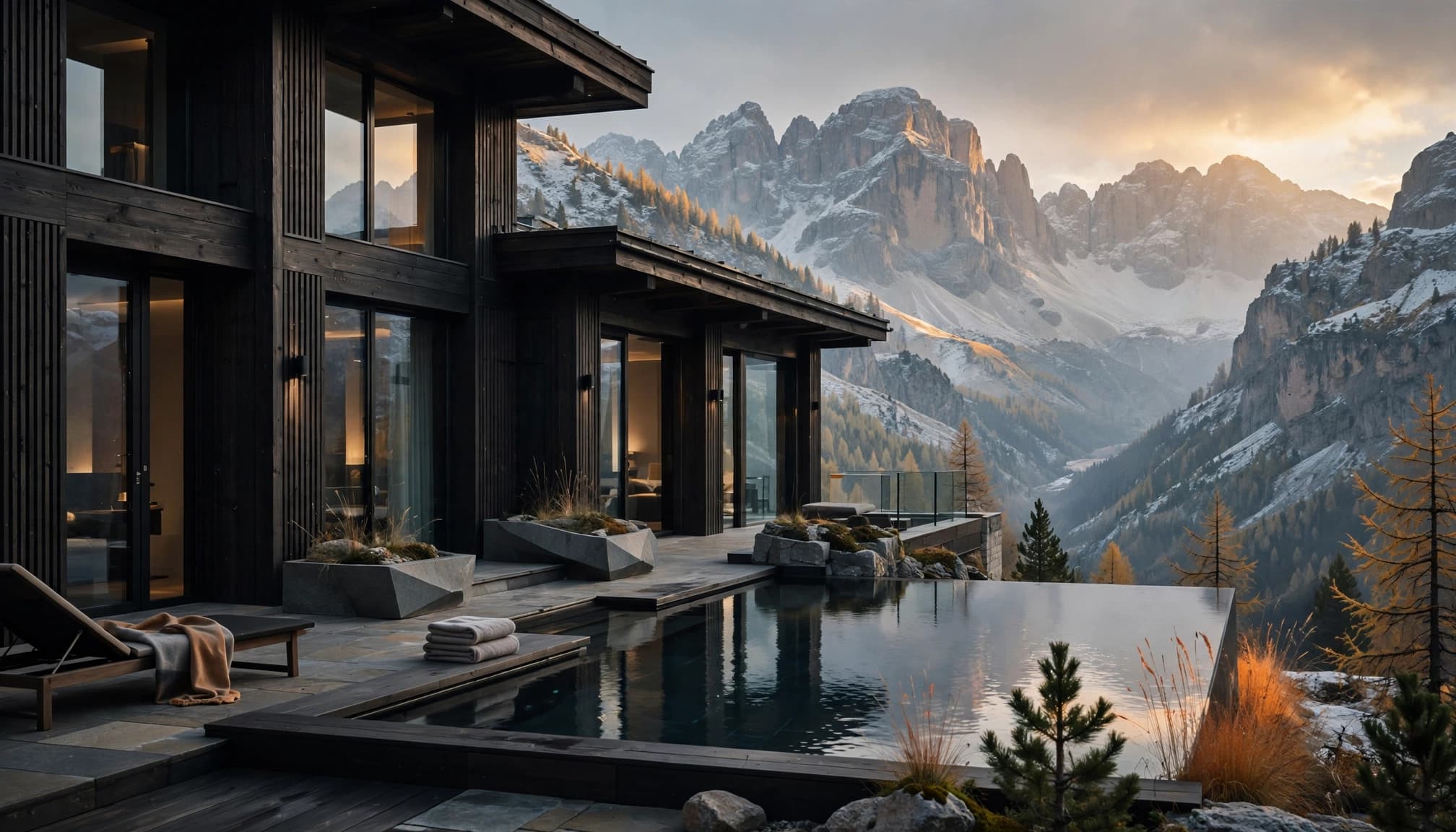 A glass hotel and infinity pool overlook pale, snow-dusted Dolomite peaks.