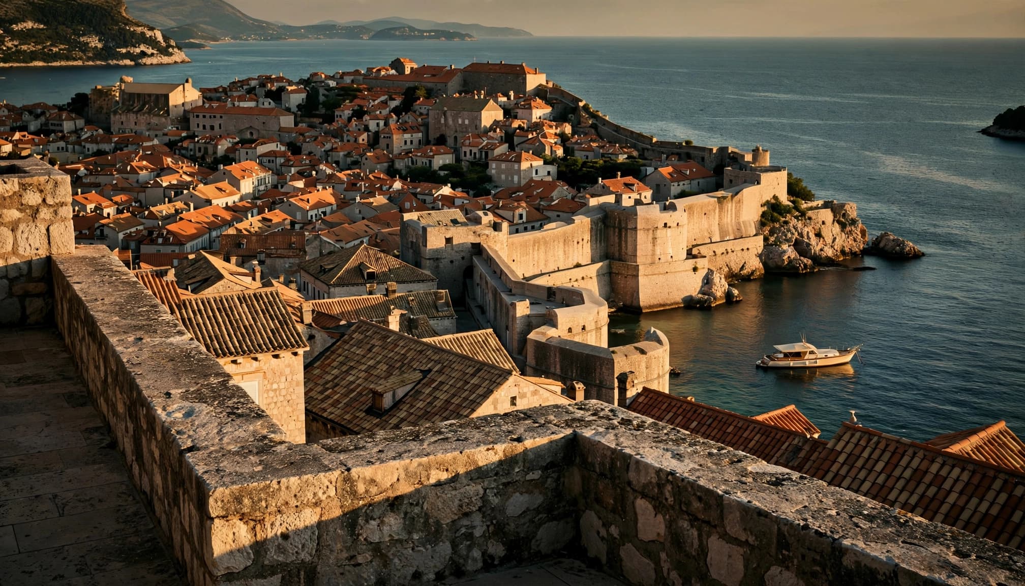 Dubrovnik's terracotta rooftops overlook the Adriatic harbor and a small boat.