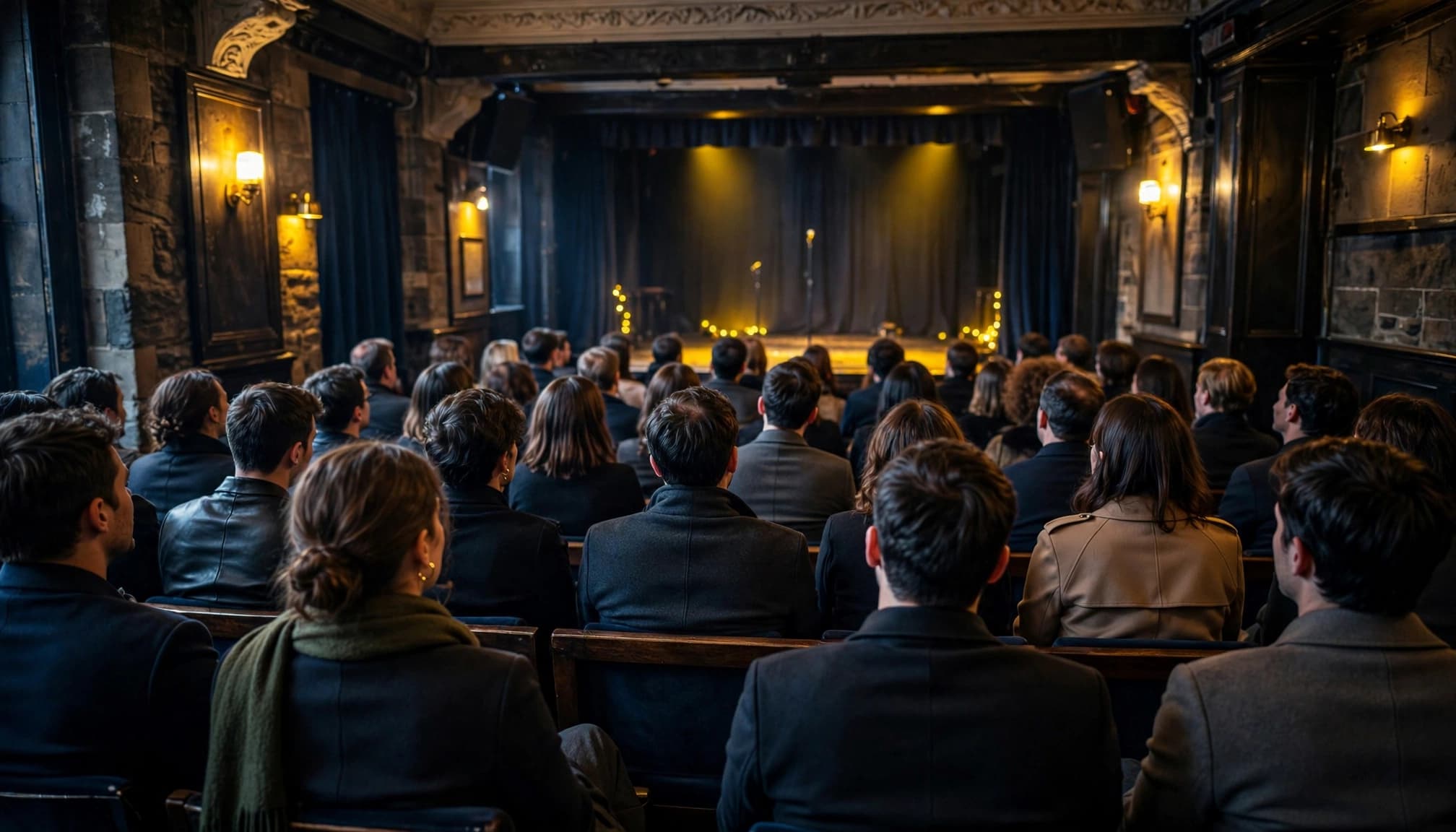 Audience facing a softly lit stage inside an atmospheric Edinburgh comedy club.