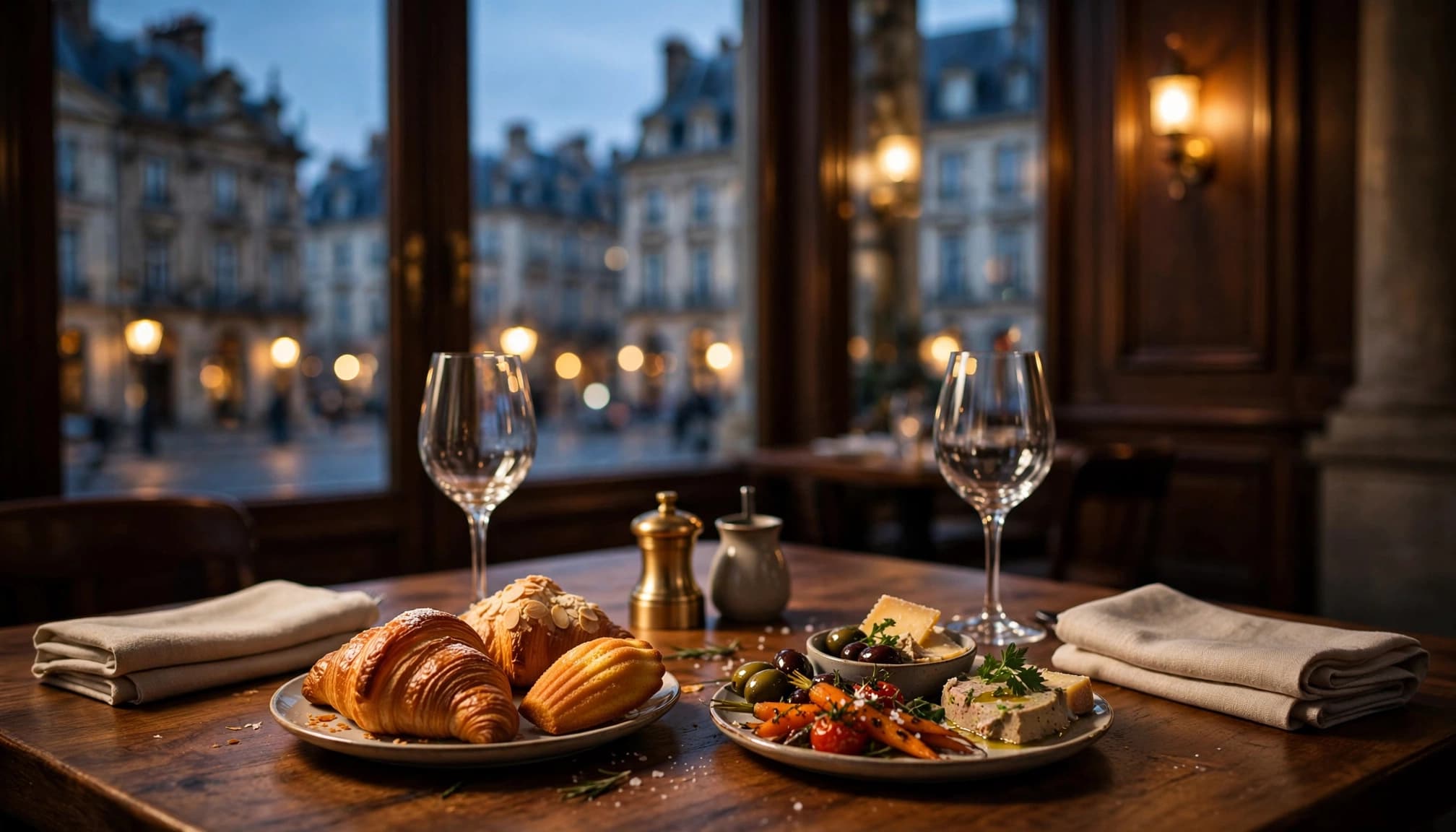 A candlelit table for two overlooks a historic European street at dusk.