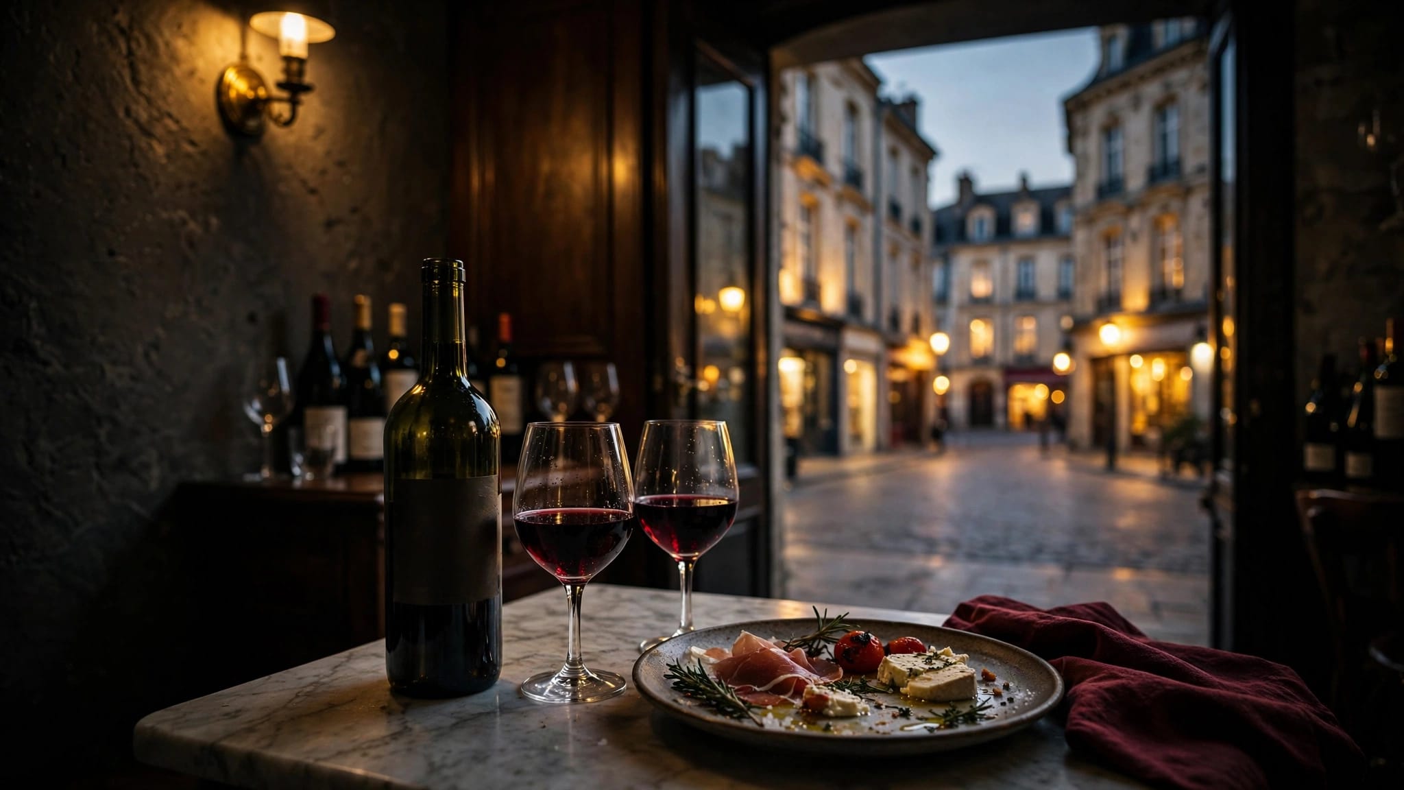 A Bordeaux wine table overlooking glowing historic streets at dusk.