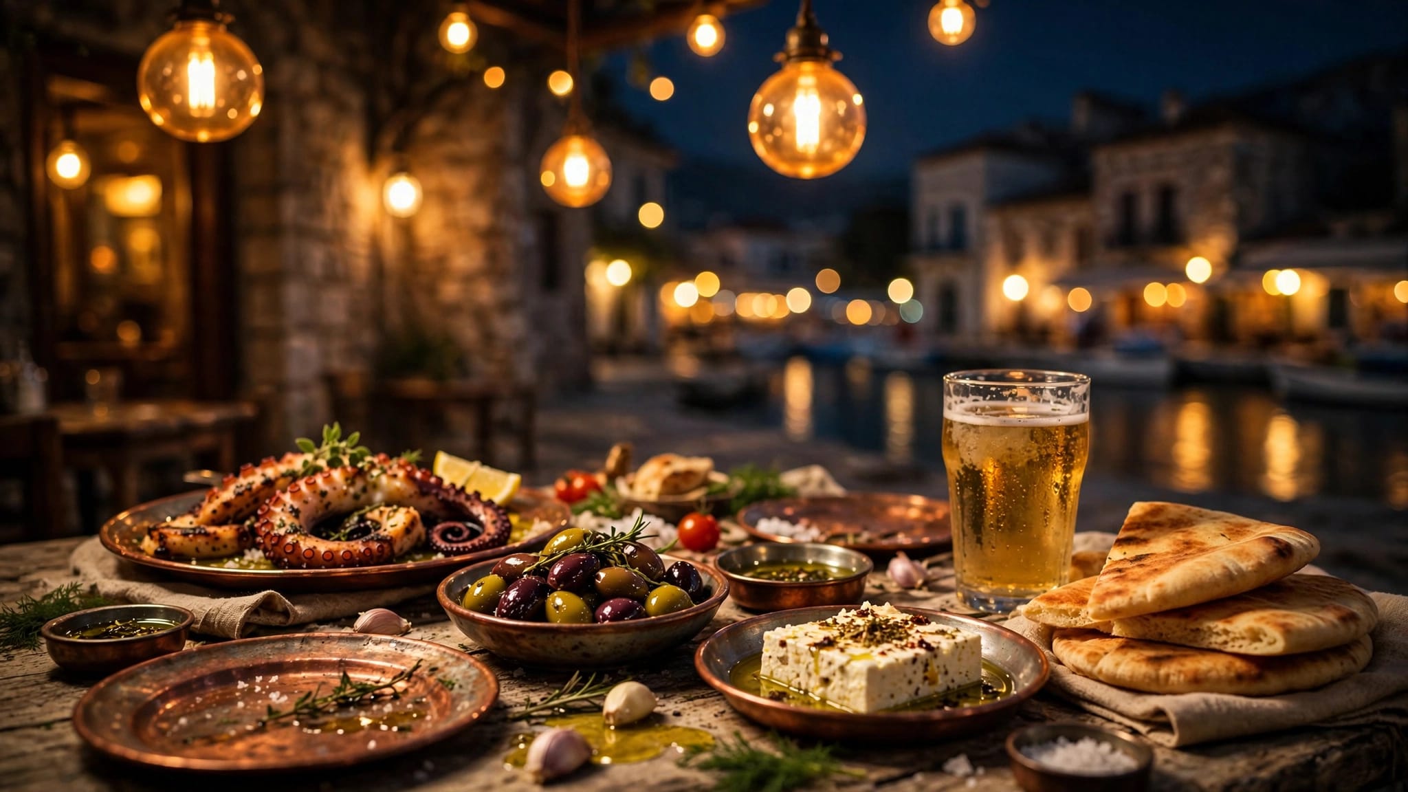 Meze dishes, grilled octopus, and beer on a table beneath warm lights.