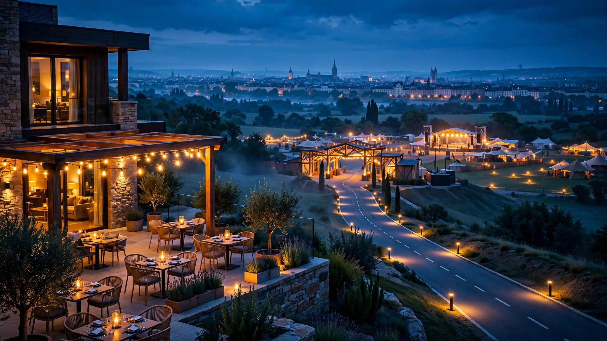 A countryside hotel terrace overlooks a glowing festival entrance and distant city skyline at twilight.