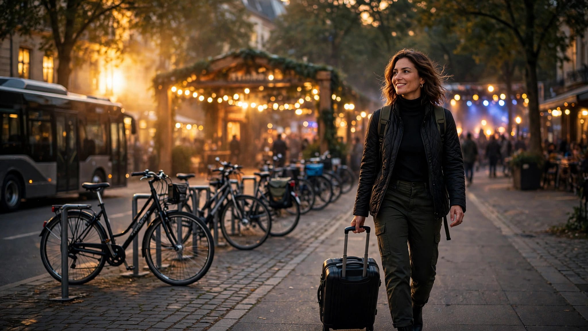 A traveler with luggage walks toward a glowing outdoor music festival entrance.