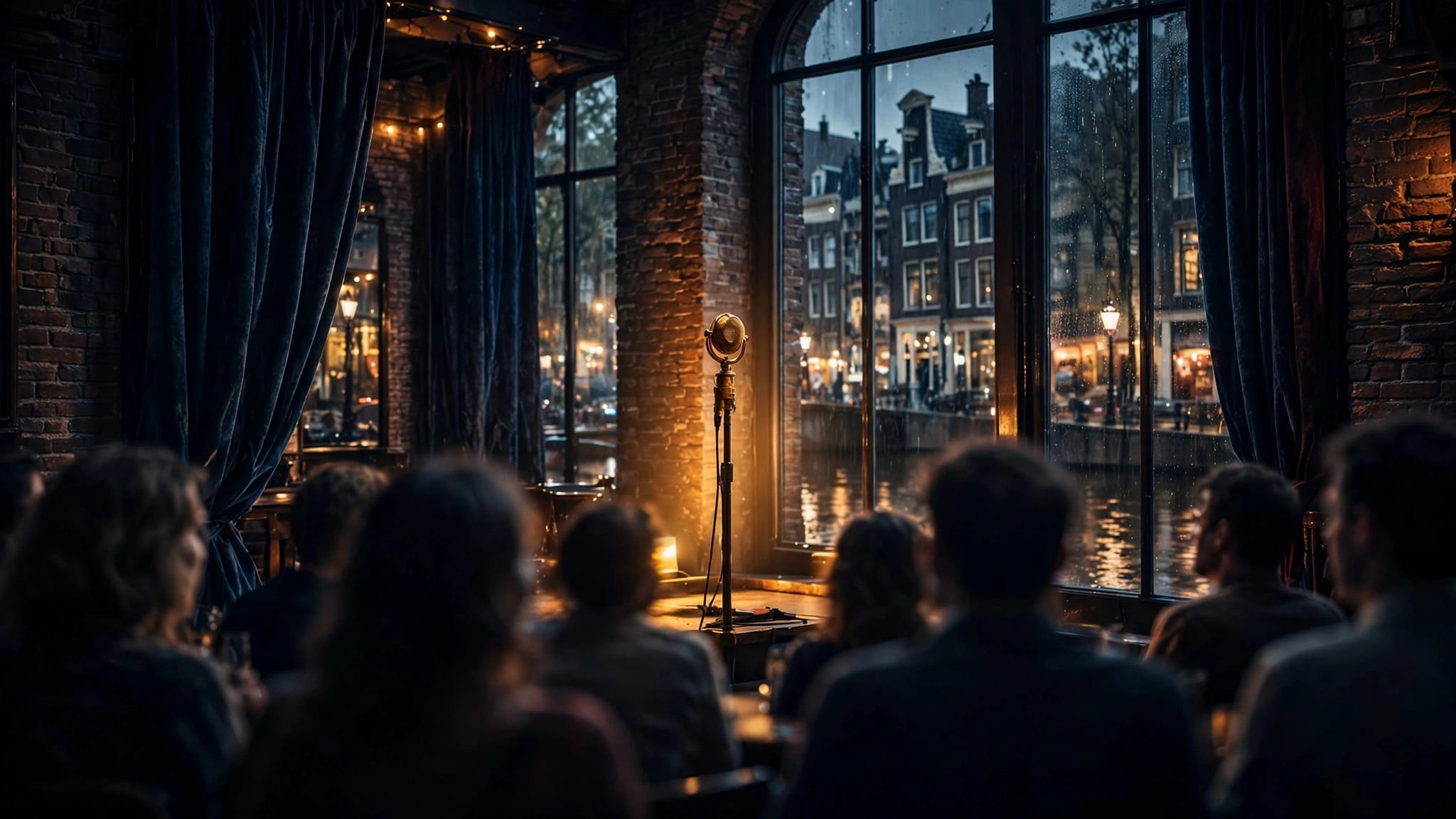 A vintage microphone on a warm-lit stage inside an Amsterdam comedy club.