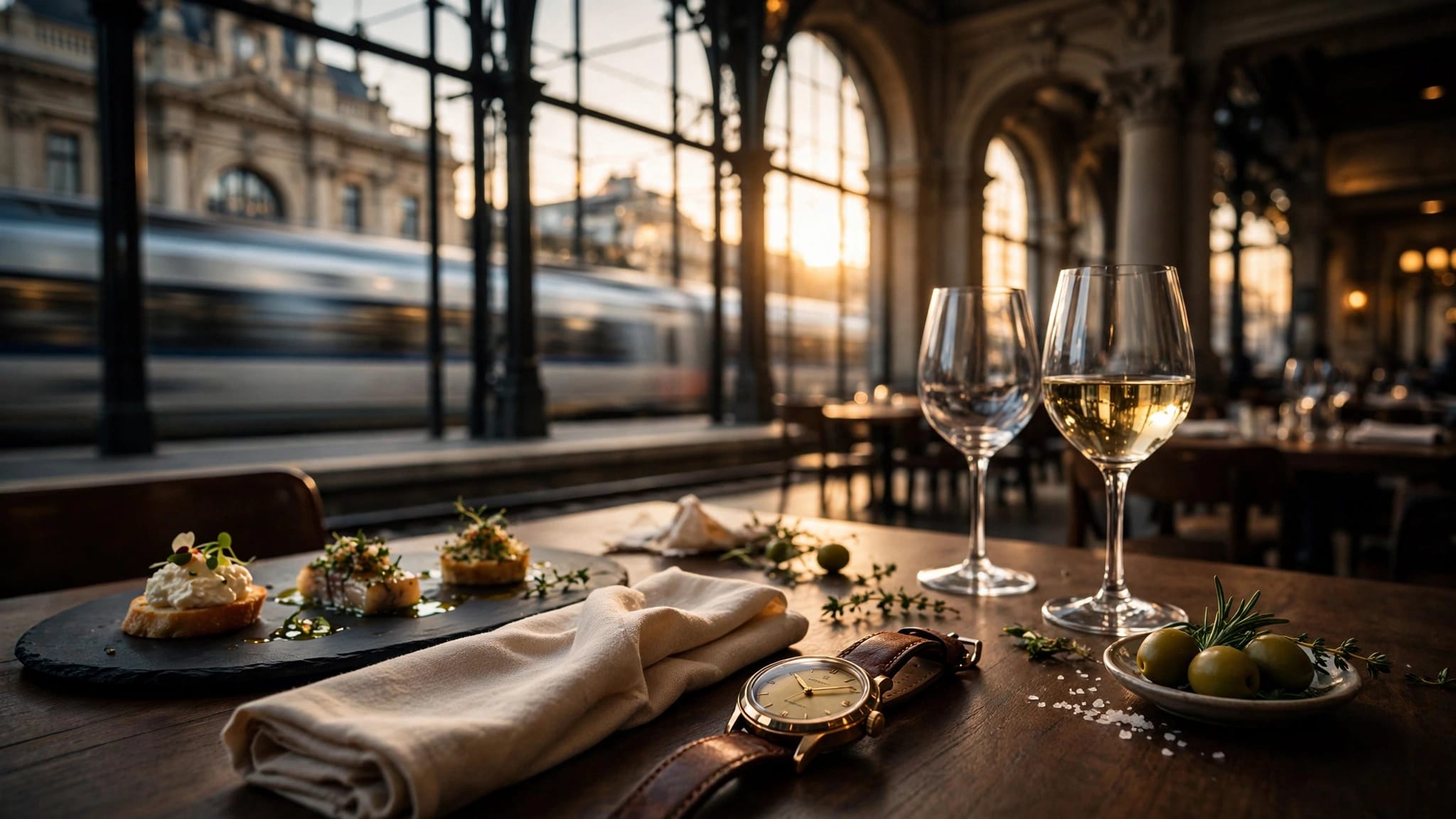 A set dining table with wine, a vintage watch, and a blurred train outside.