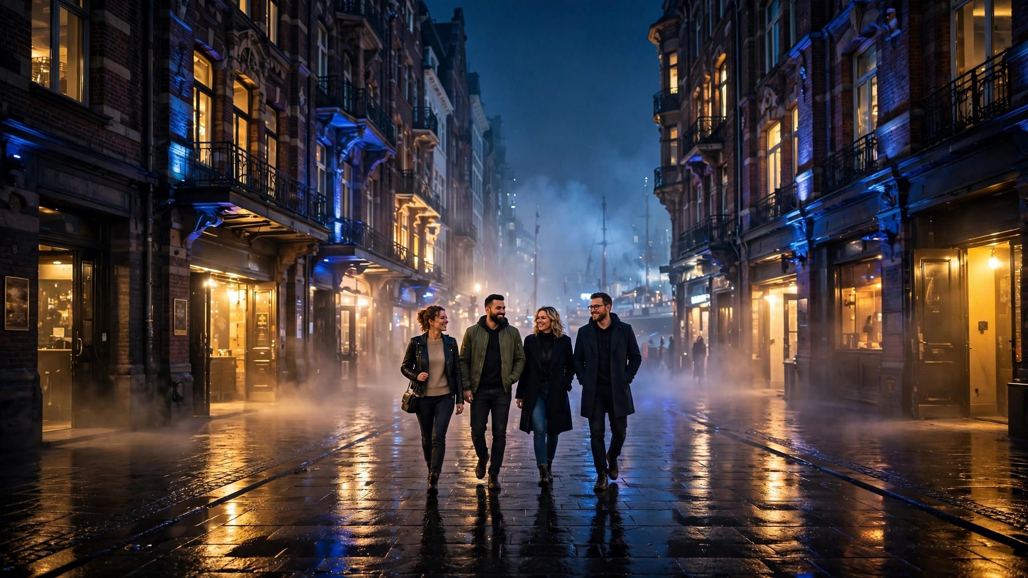 Friends walk past glowing bars on a wet Hamburg street at night.