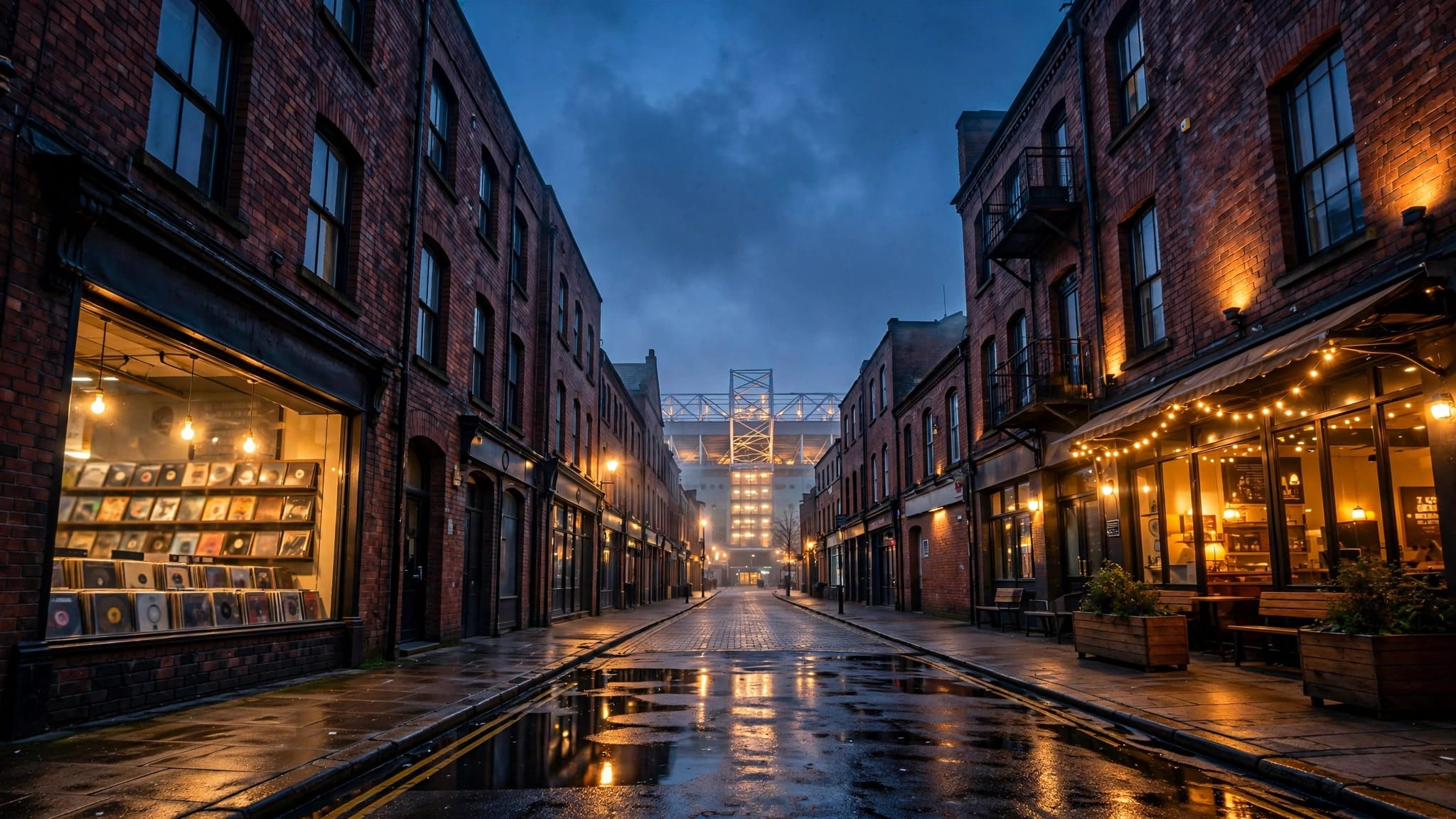 A wet Manchester street leads toward a glowing football stadium at twilight.