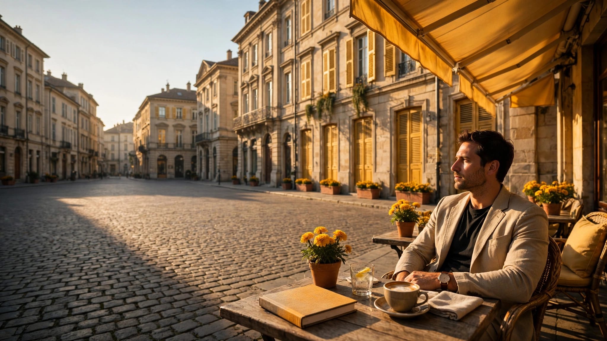 A traveler enjoys coffee at a quiet café in a sunny historic square.