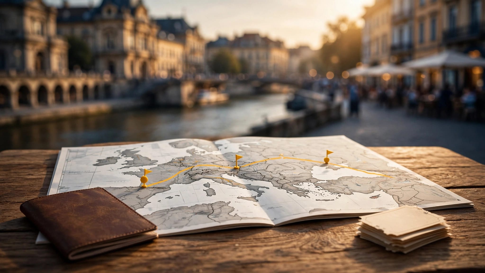 An open map shows a yellow rail route between three European destinations beside a passport.
