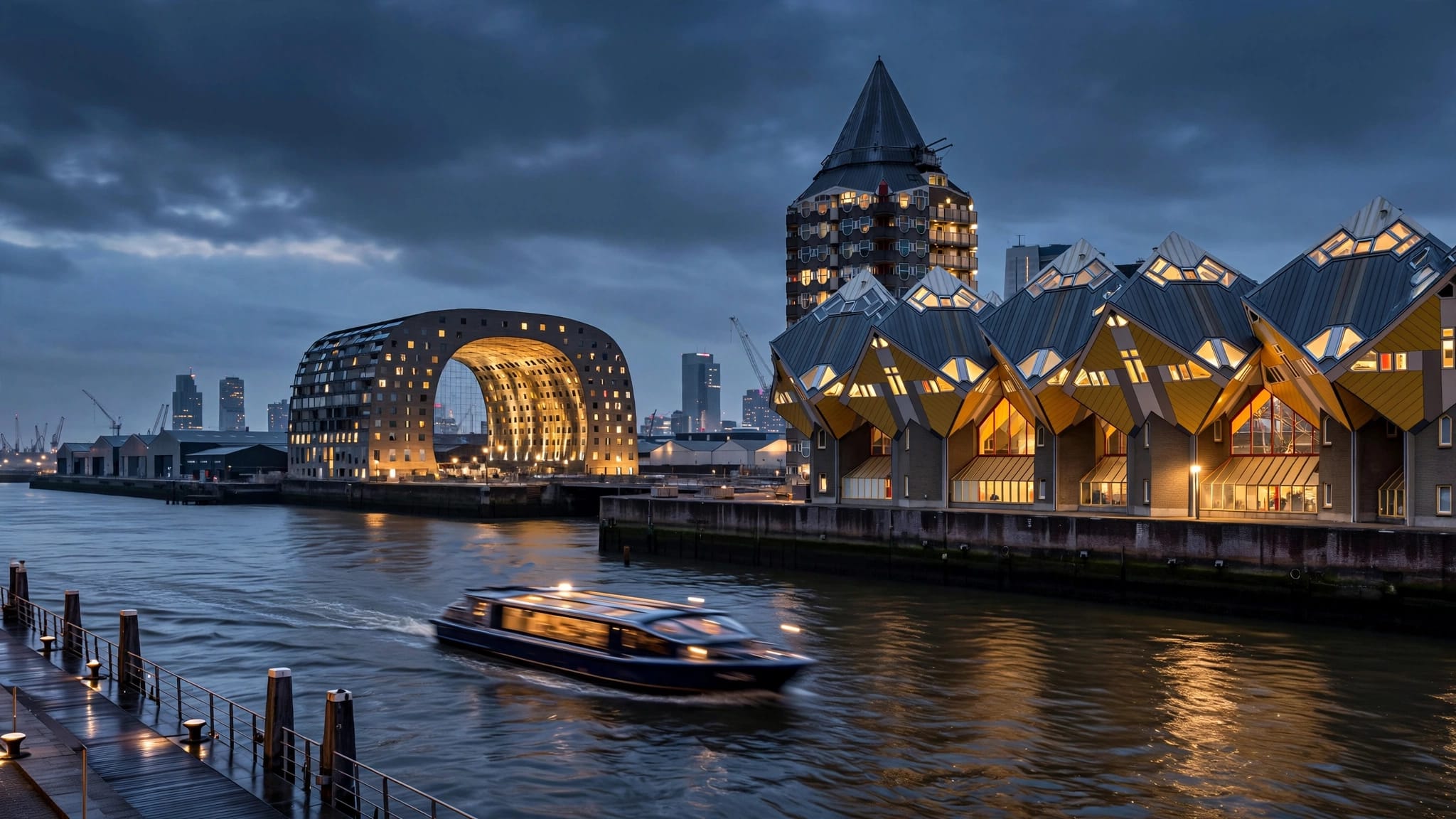 Rotterdam’s Markthal and Cube Houses glow beside the Maas at dusk.