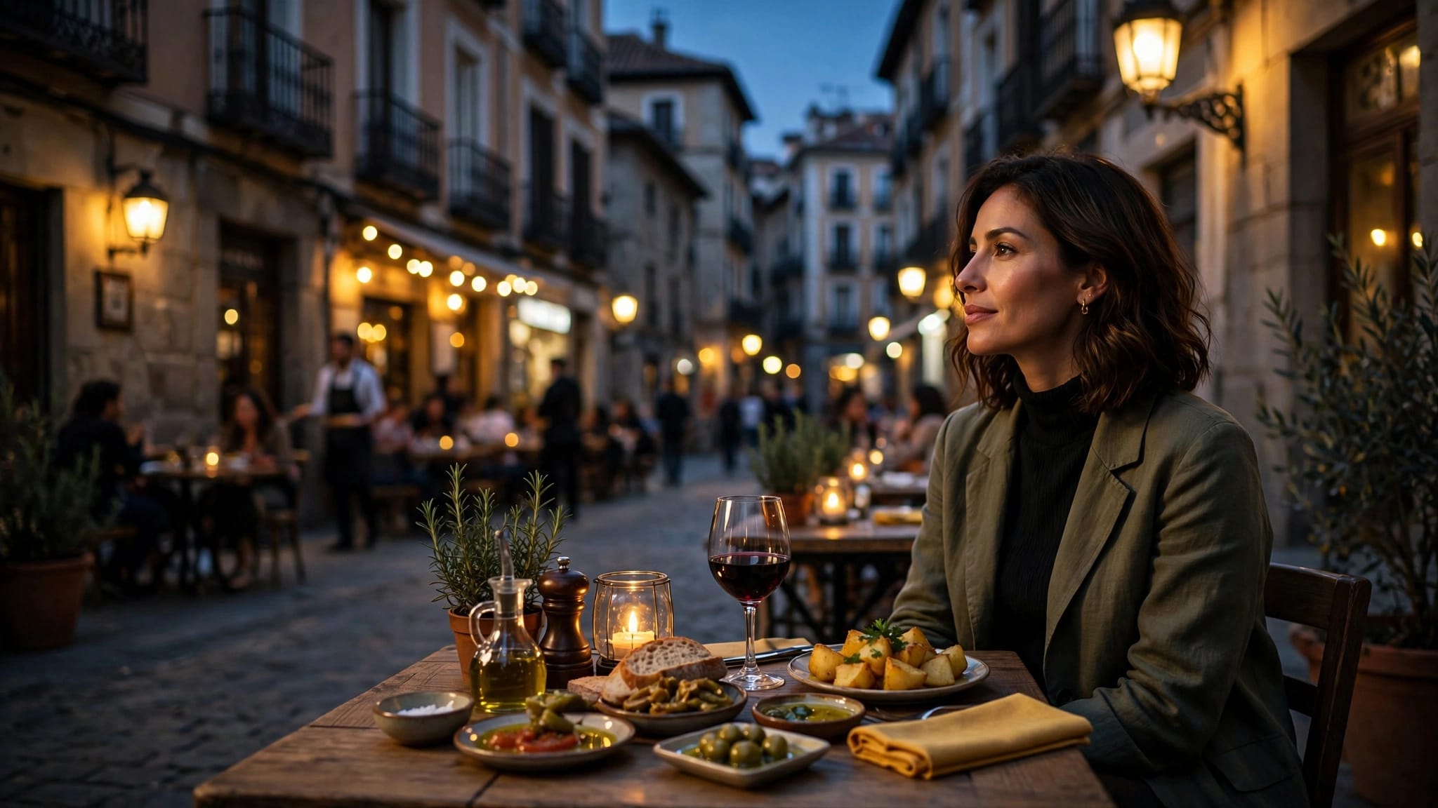Solo traveler enjoying tapas and wine at a lantern-lit Madrid café.