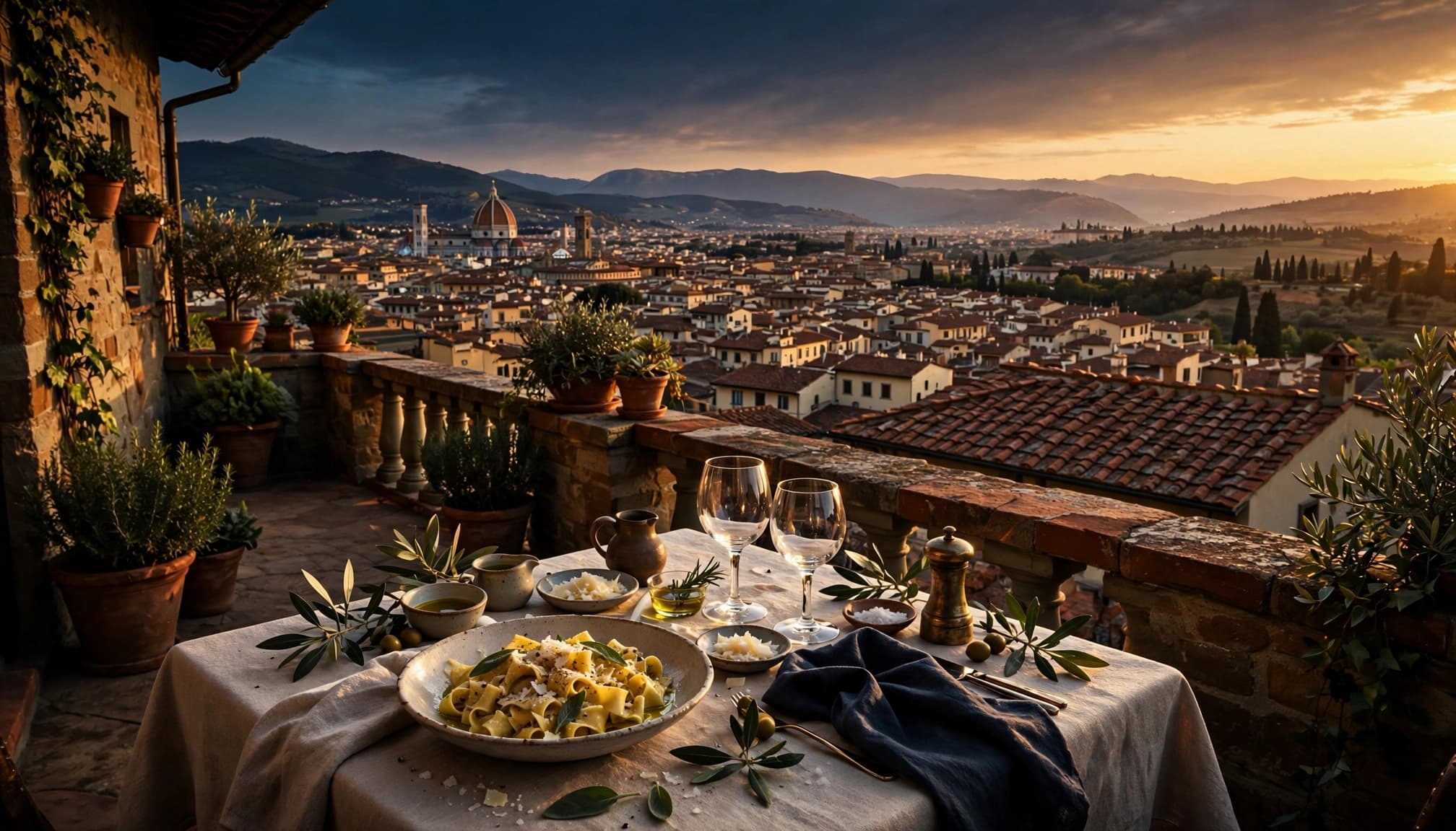 A rooftop table with pasta and wine overlooks terracotta rooftops and distant hills at sunset.