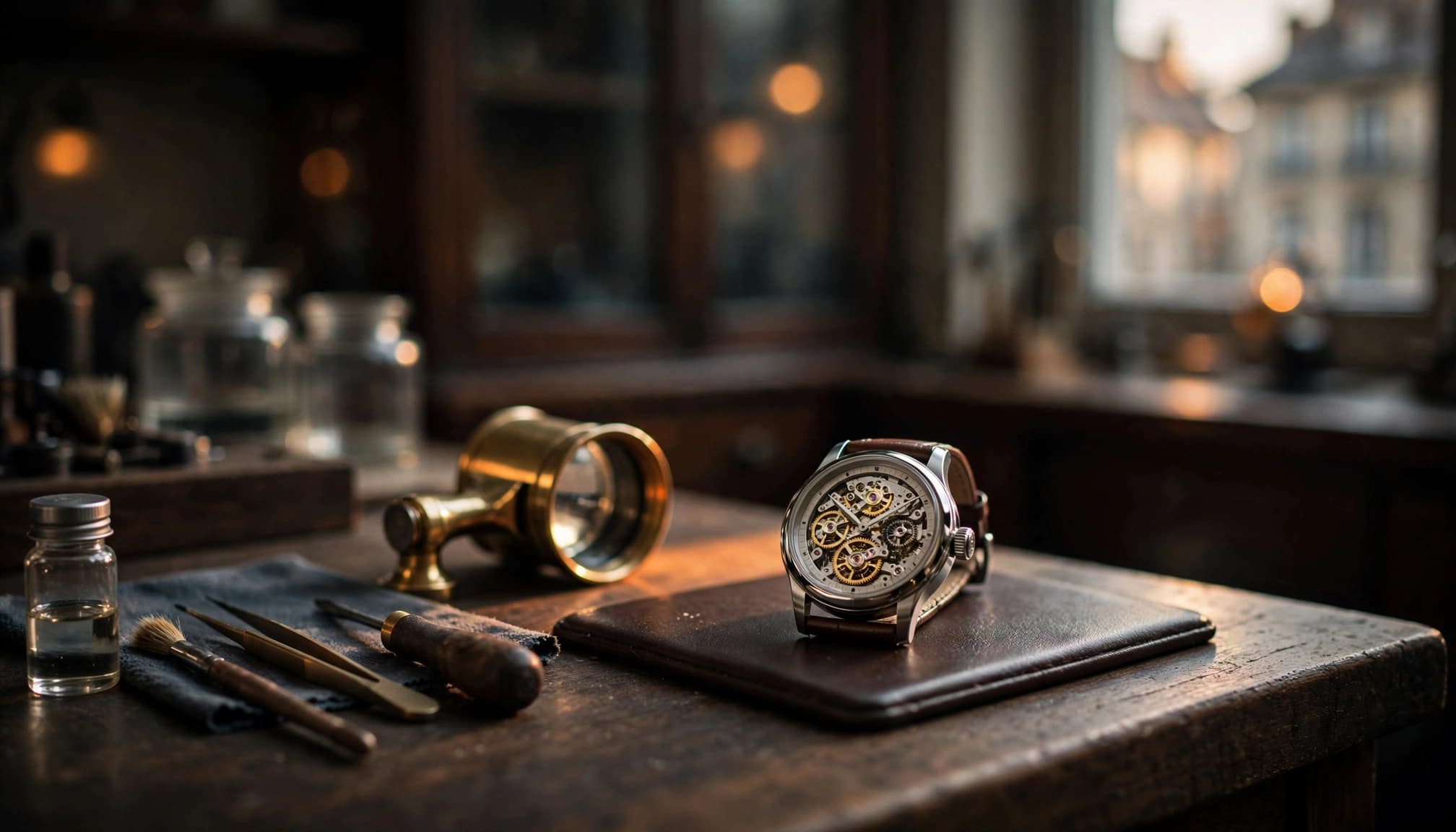 A luxury mechanical watch beside precision tools on a dark wooden workbench.