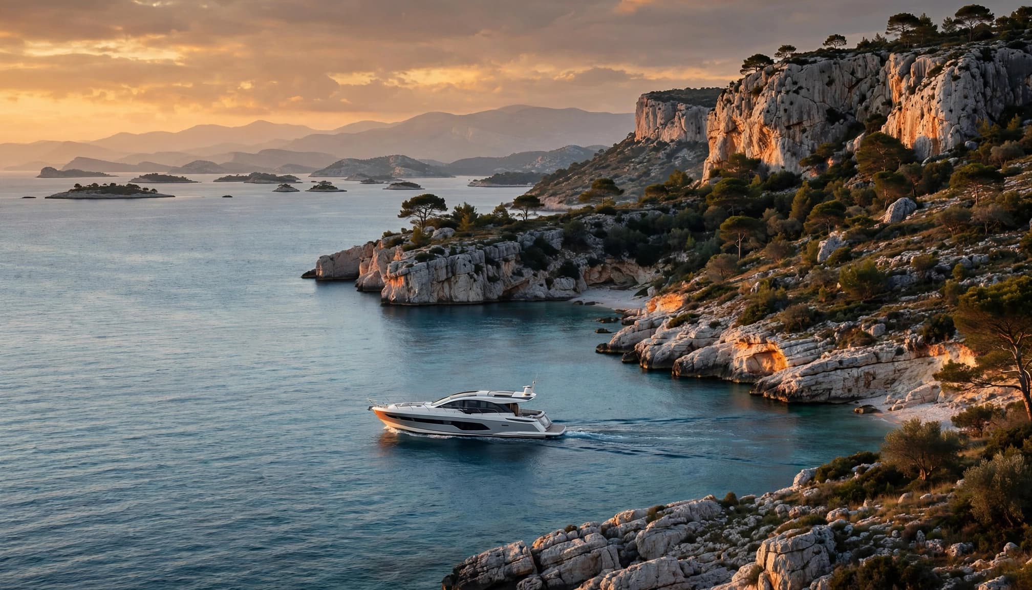 A small yacht passes Hvar's limestone coast with the Pakleni Islands in the distance.