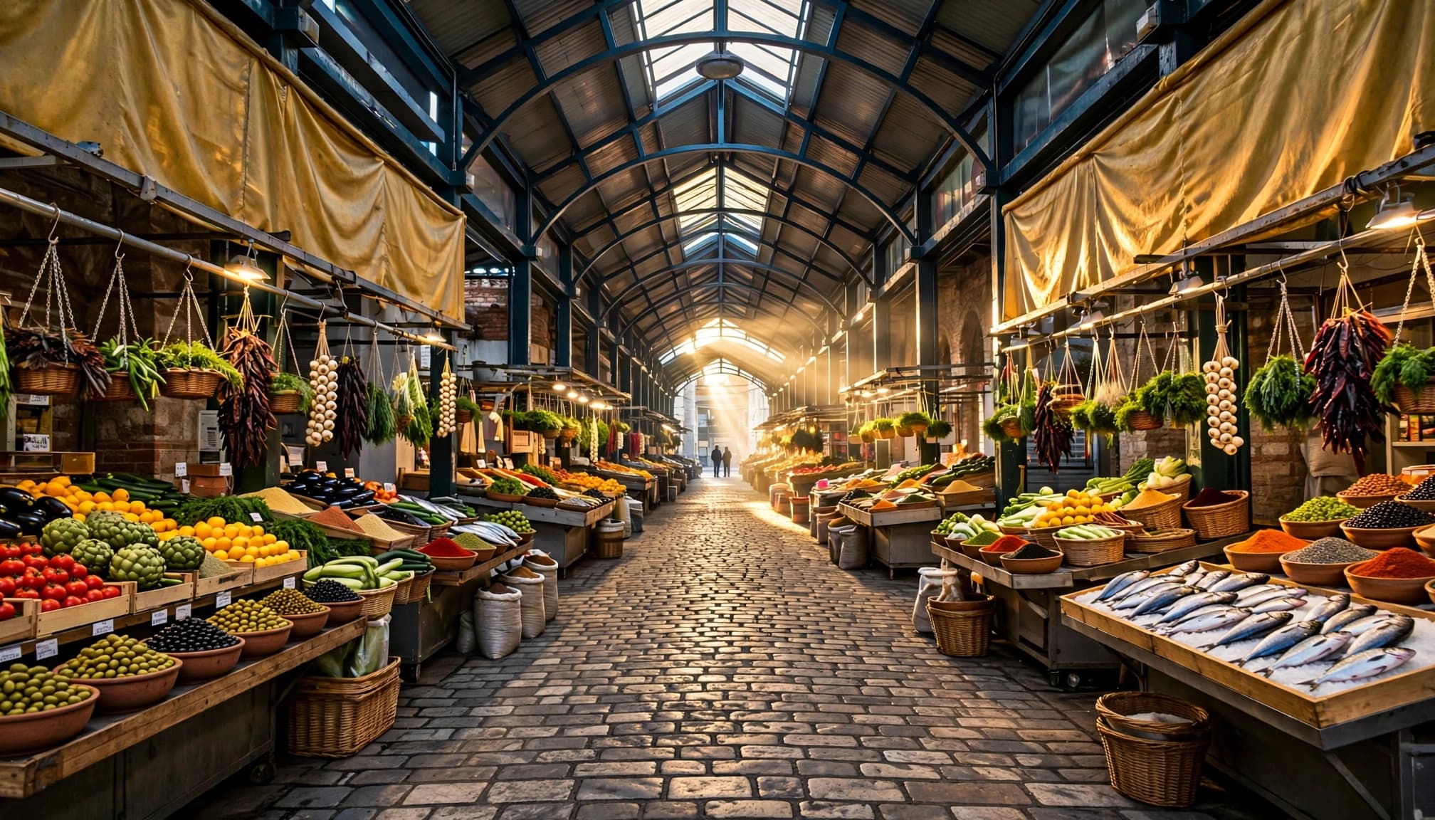 Market passage with produce stalls and two distant vendors in warm morning light.