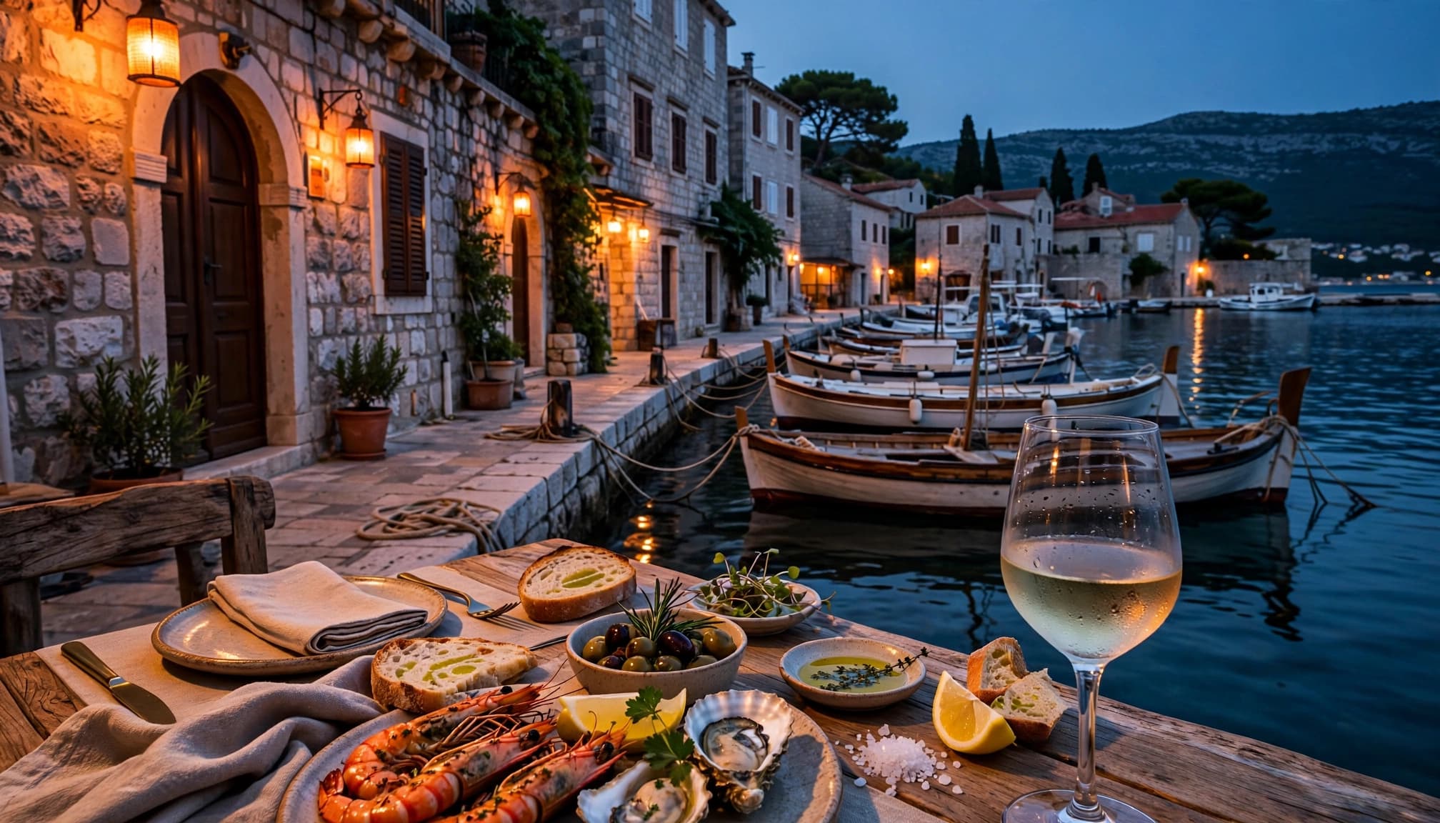 Seafood and white wine on a harbor terrace in Korcula at twilight.