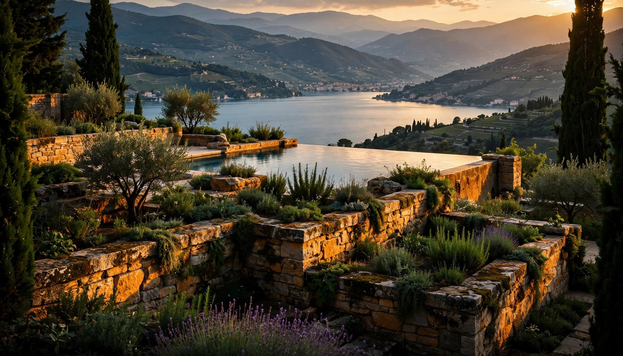 An infinity pool overlooks Lake Garda, framed by cypress trees and terraced gardens.